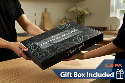 Miniatura 6 de Tabla de cortar de madera de nogal oscuro americano de 17 x 12 x 1.6 pulgadas para cocina con ranura para jugo, asas interiores, caja de regalo y