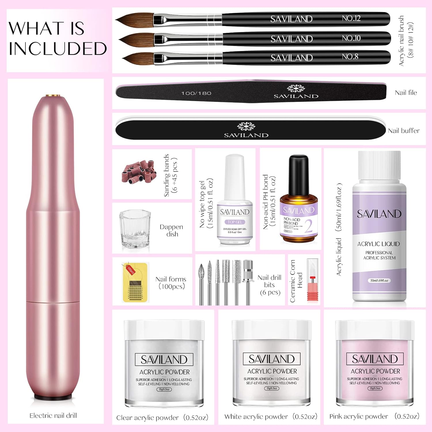 SAVILAND Acrylic Nail Kit with Drill: 3 Colors Acrylic Powder 0.5 oz Each, Nail Liquid, 20,000 RPM Nail Drill, Brushes & All Essential Tools, Nail Kit for Beginners with Everything for DIY Extension