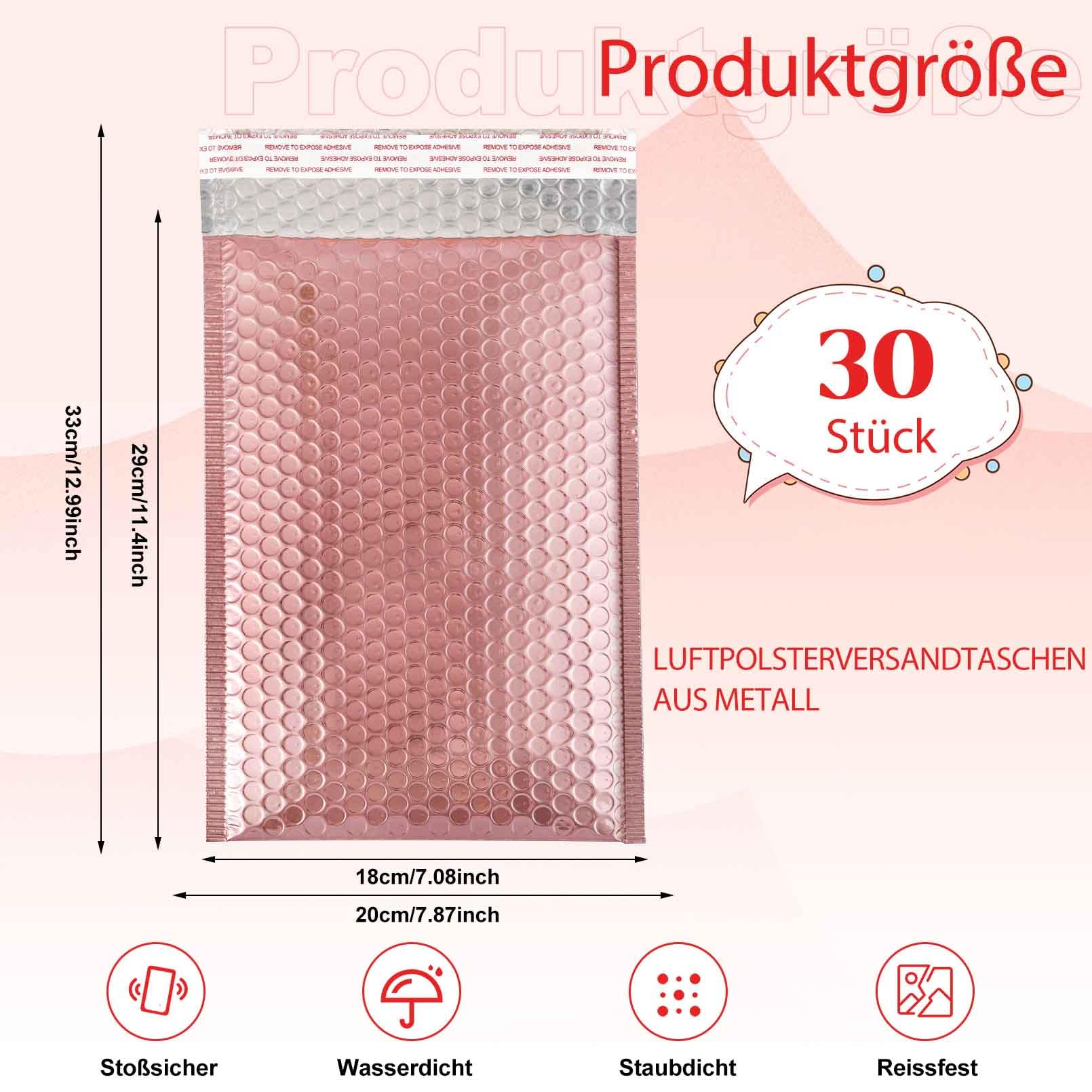 30 Stück Luftpolsterumschläge Holographisch,Luftpolstertaschen Selbstklebend,Luftpolster Versandtaschen,Wasserdichte Gepolsterte Umschläge für Verpackung Aufbewahrung(18x29cm,Roségold)