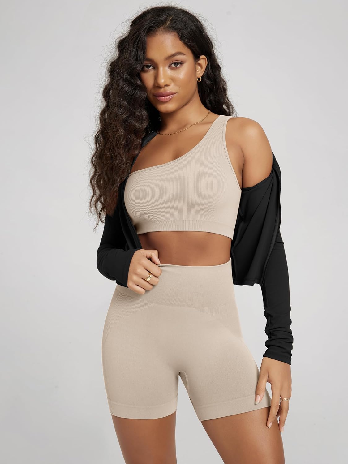 ODODOS Seamless One Shoulder Sports Bra for Women Ribbed Asymmetrical Non Padded Yoga Crop Tank Tops - Image 5