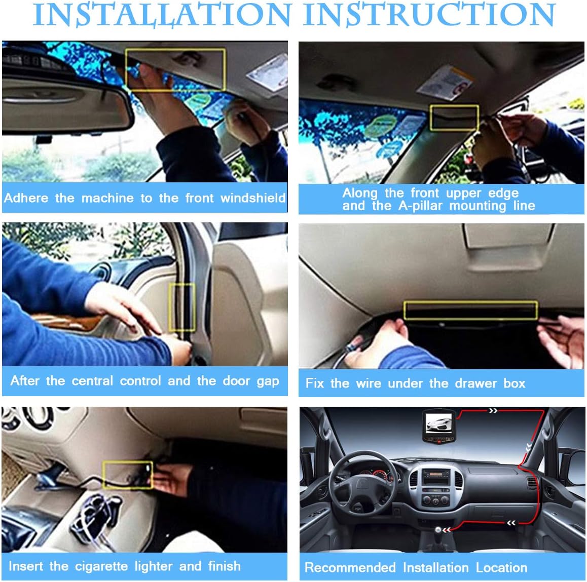 Step-by-step installation guide for the MASO Dash Cam, showing mounting on windshield, cable routing, and power connection.