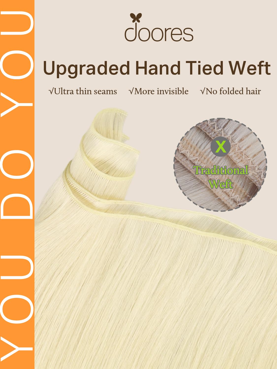 DOORES Sew in Extensions Virgin Human Hair, 24 Inch Platinum Blonde 120g, Hand Tied Extensions Human Hair Weft High Density