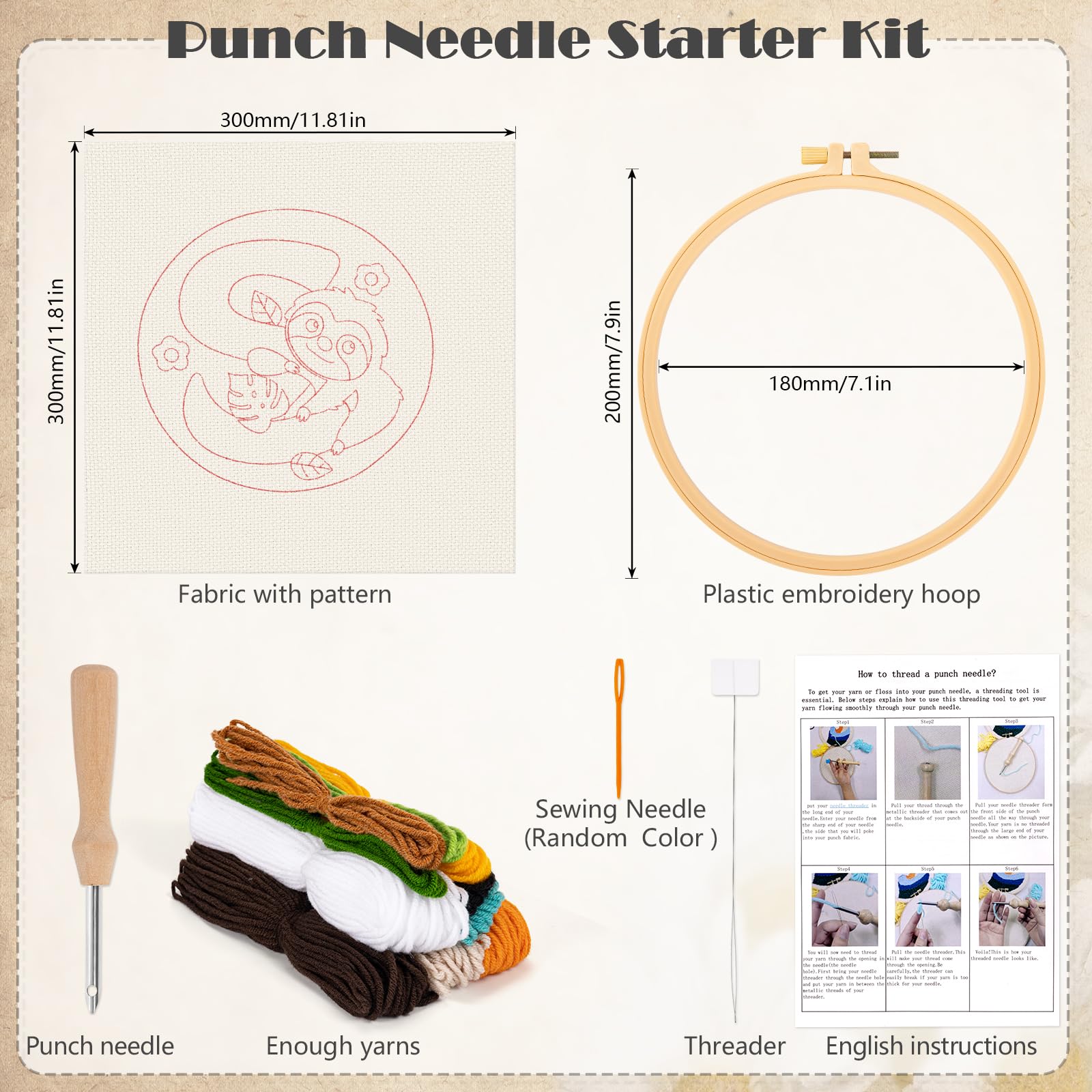 Kit Punch Needle Broderie - Motif Paresseux Et Lettres - Pour Débutants Adultes Et Enfants - Cercle 20 Cm - 2