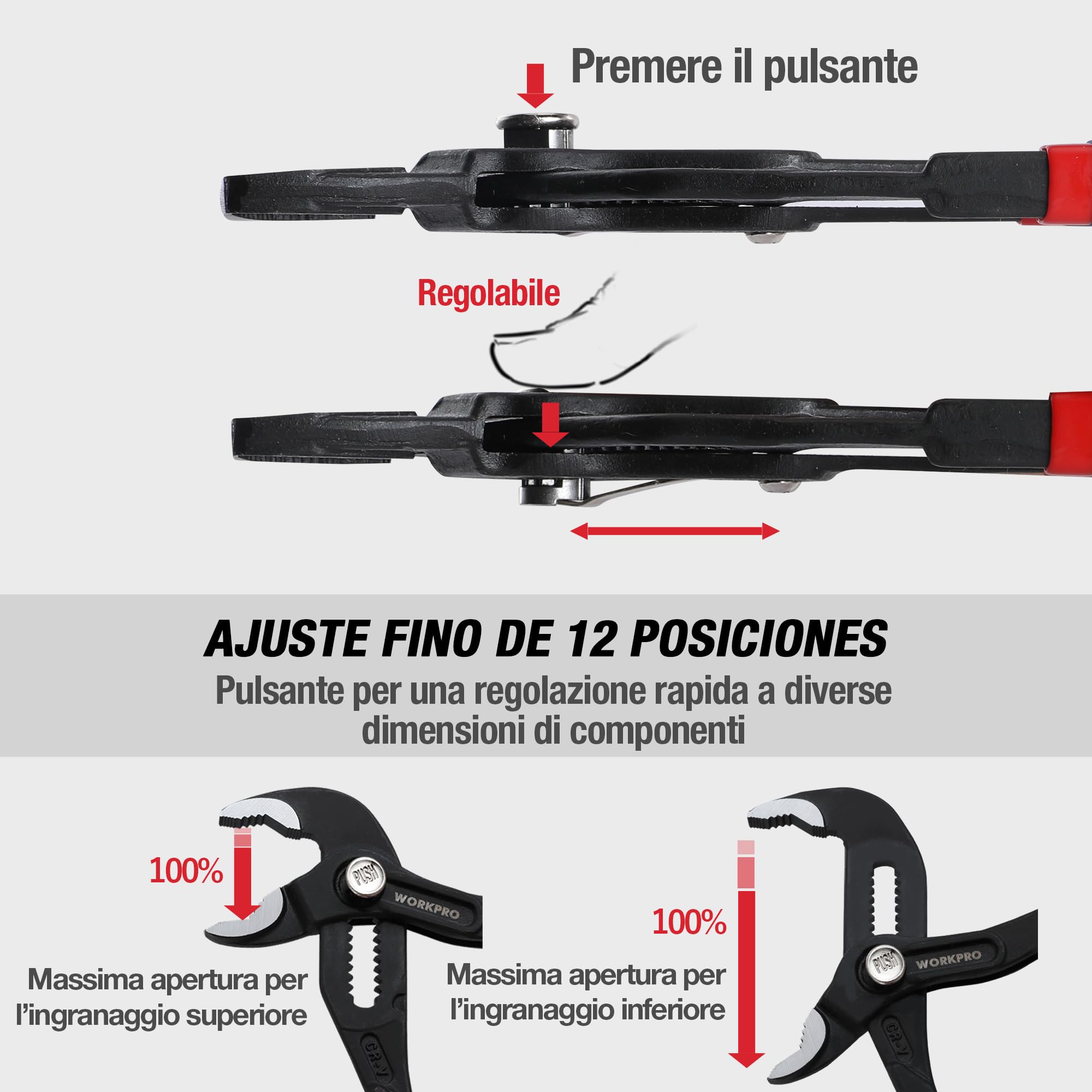 WORKPRO Pinze Regolabili per Tubi e Dadi 250mm, Pinza a Pappagallo a Regolazione Rapida, con Comoda Impugnatura