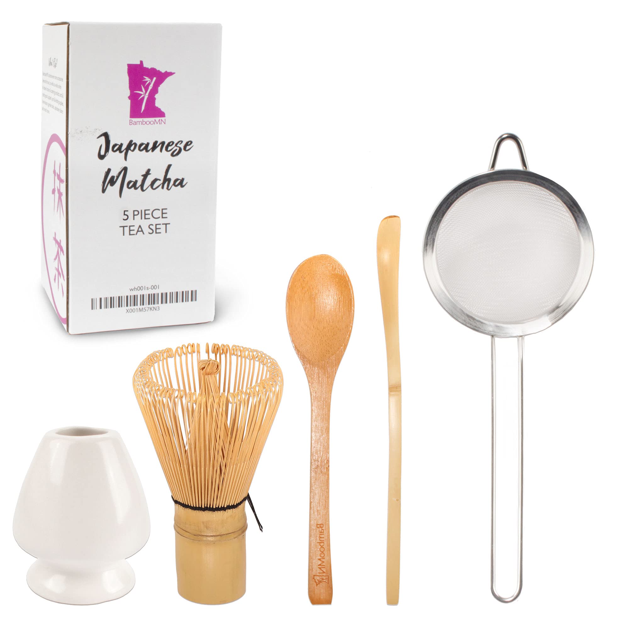 BambooMN Juego de batidor de té verde Matcha, color blanco, juego de 5 piezas, accesorios de té de bambú