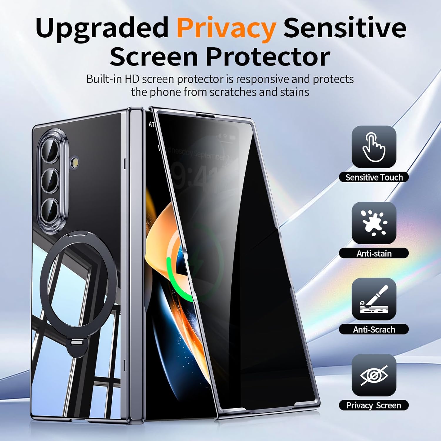 for Galaxy Z Fold 7 Case Clear with Privacy Screen Protector [Hinge Protection],Fit for Magsafe,Magnetic Kickstand & Ring Holder for Samsung Zfold 7 Case Black
