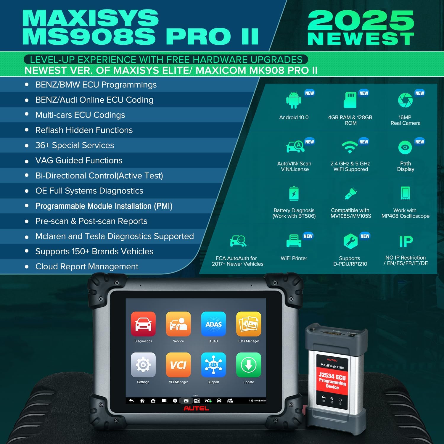 Comparison table of Autel MaxiSYS MS908S Pro II with other models showing enhanced specifications