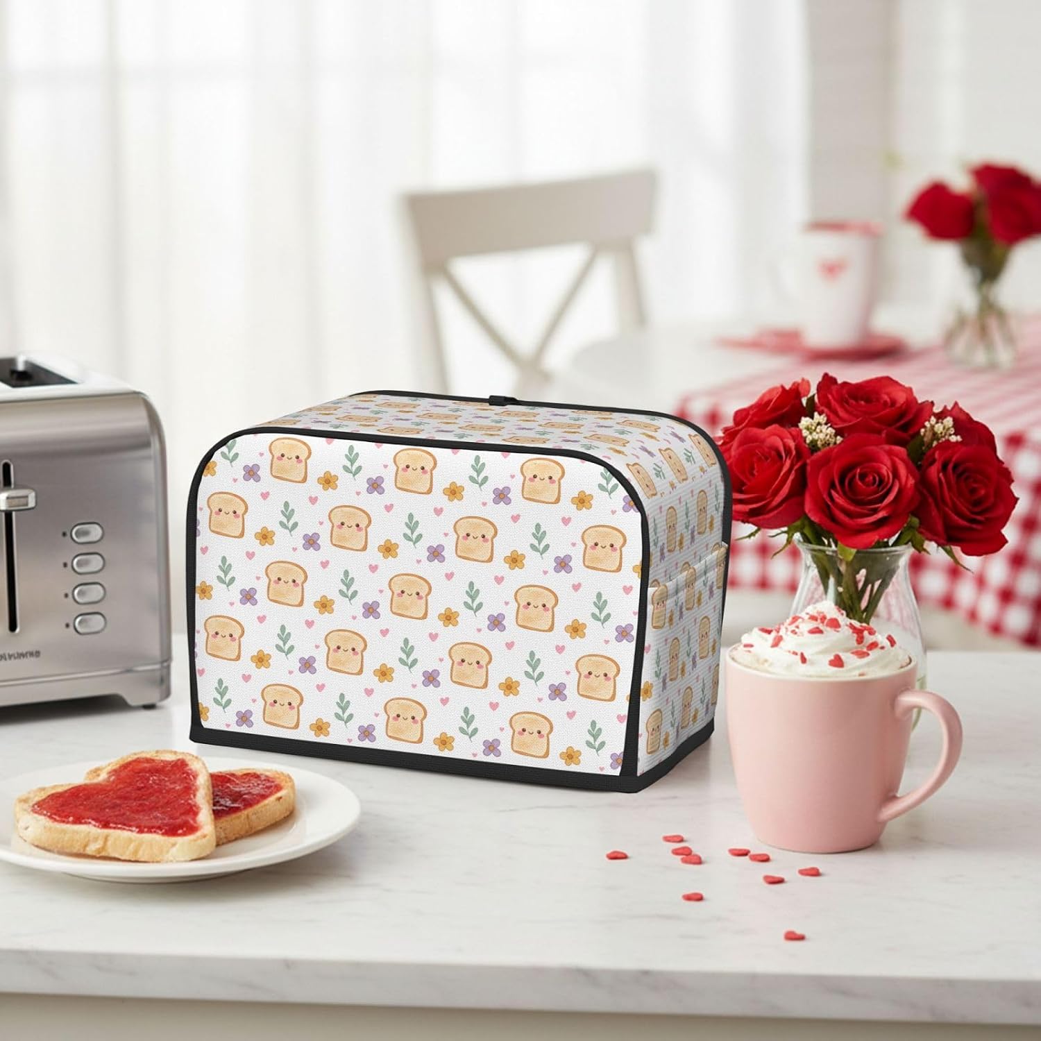 2 Slice Toaster Cover Cute Bread Floral Leaves Hearts Water-Resistant Bread Maker Dust Cover with Storage Pocket, Washable Kitchen Appliance Protector, Housewarming Gift, 11.4x7.5x7.9 Inch