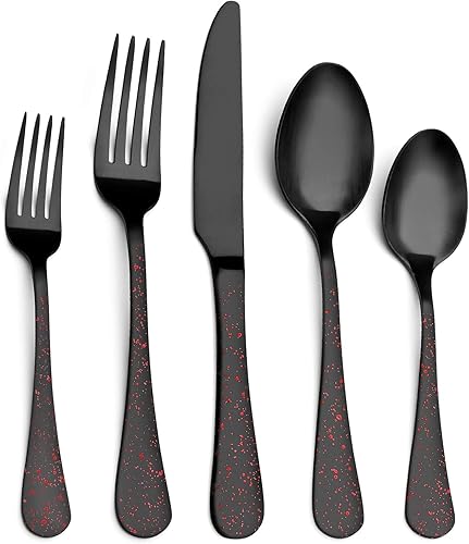 O.C.E. Juego de cubiertos de acero inoxidable mate, juego de cubiertos de 20 piezas para 4 personas, acabado satinado, apto para lavavajillas (rojo