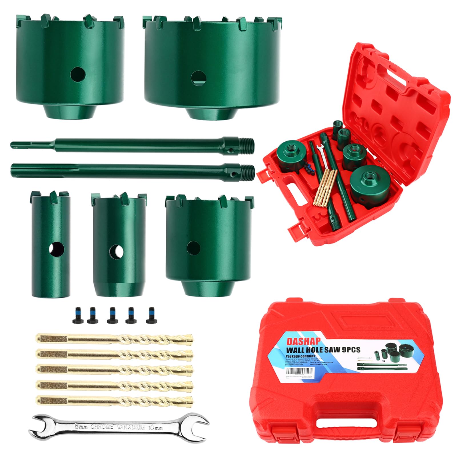 dashap 12PCS Concrete Hole Saw Kit, Masonry Hole Saw, SDS Plus & Max Bit Shank for Cement Brick Wall, Carbide Hole Saw Kit 30 40 65 80 100mm, Diamond Drill Core Bit for Brick, Cement, Stone