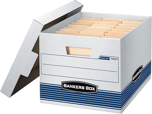Bankers Box STOR/FILE - Paquete de 4 cajas de almacenamiento de archivos de servicio medio, plegado rápido, tapa abatible, letra/legal, blanco/azul