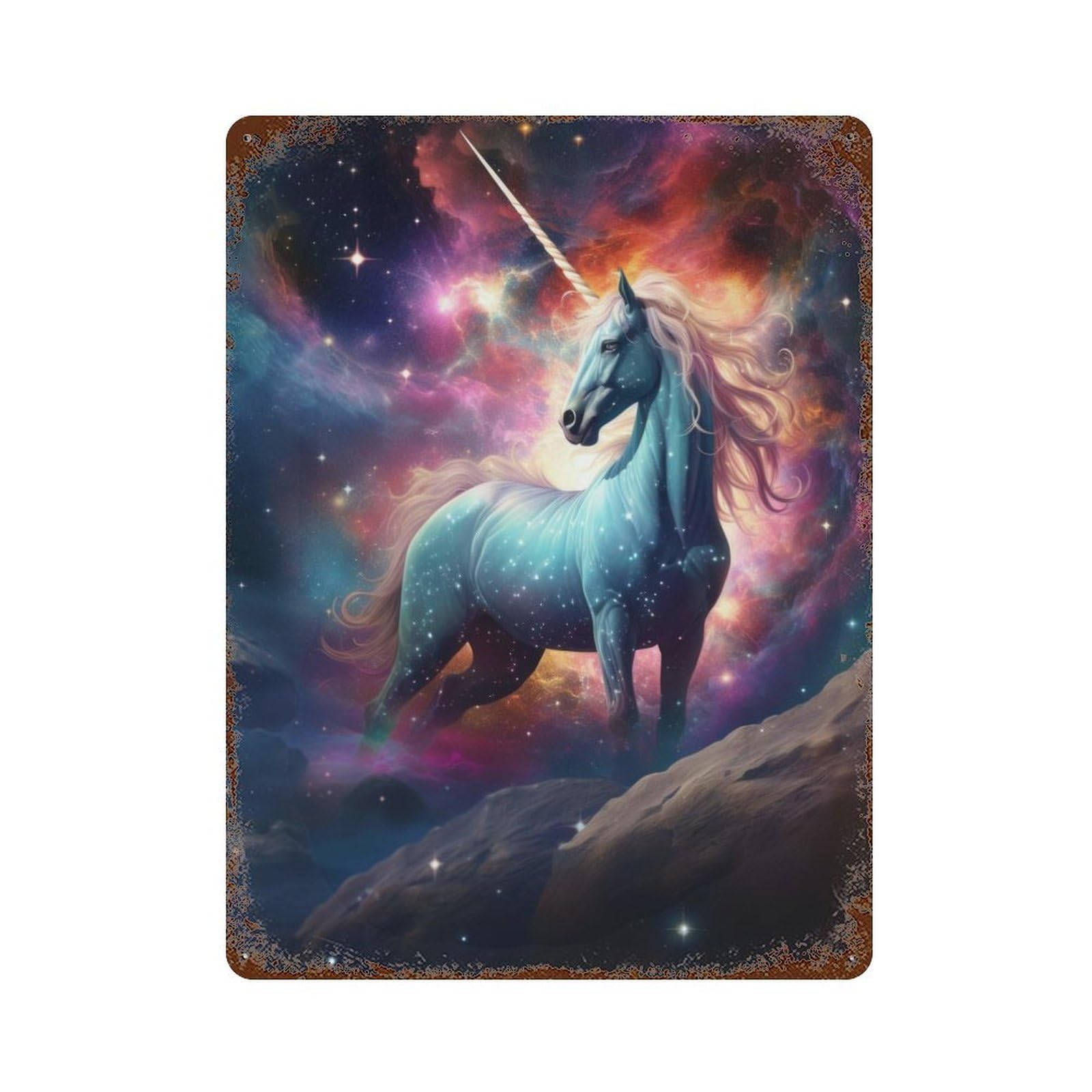 Aged Metal Wall Plaque with Space Unicorn Design 15.7"x11.8", for Basement, Hobby Room And Garage Decor, Farmhouse Wall Decor