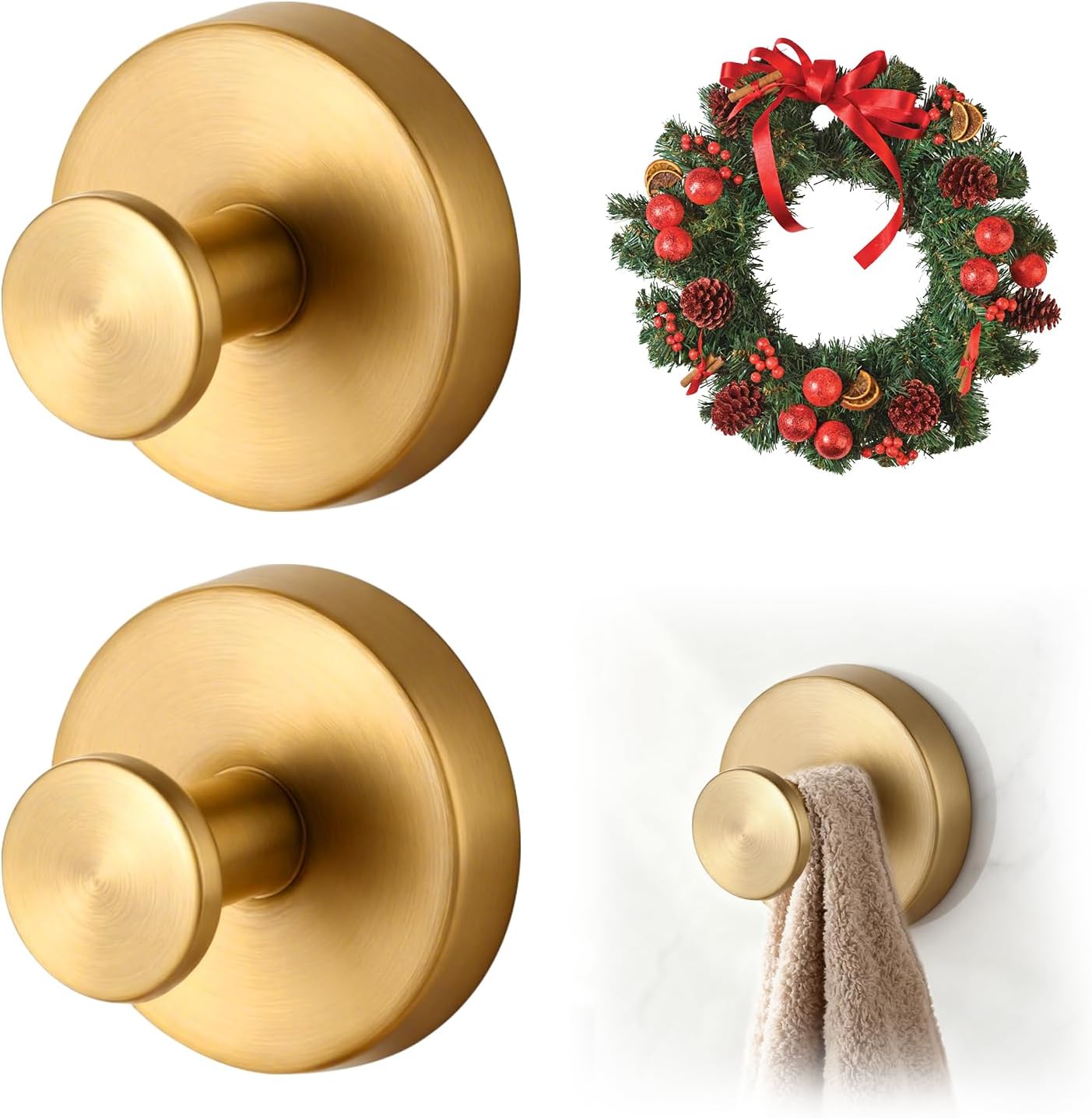 Suction Cup Hooks Applicable Shower No-Drill Bathroom Hooks for Towels, Ornament，Robes, Loofah Mountable on Bathroom Walls, Kitchen, Glass, Mirrors, Tile and Smooth,Non-Porous Surfaces (Golden 2pcs)