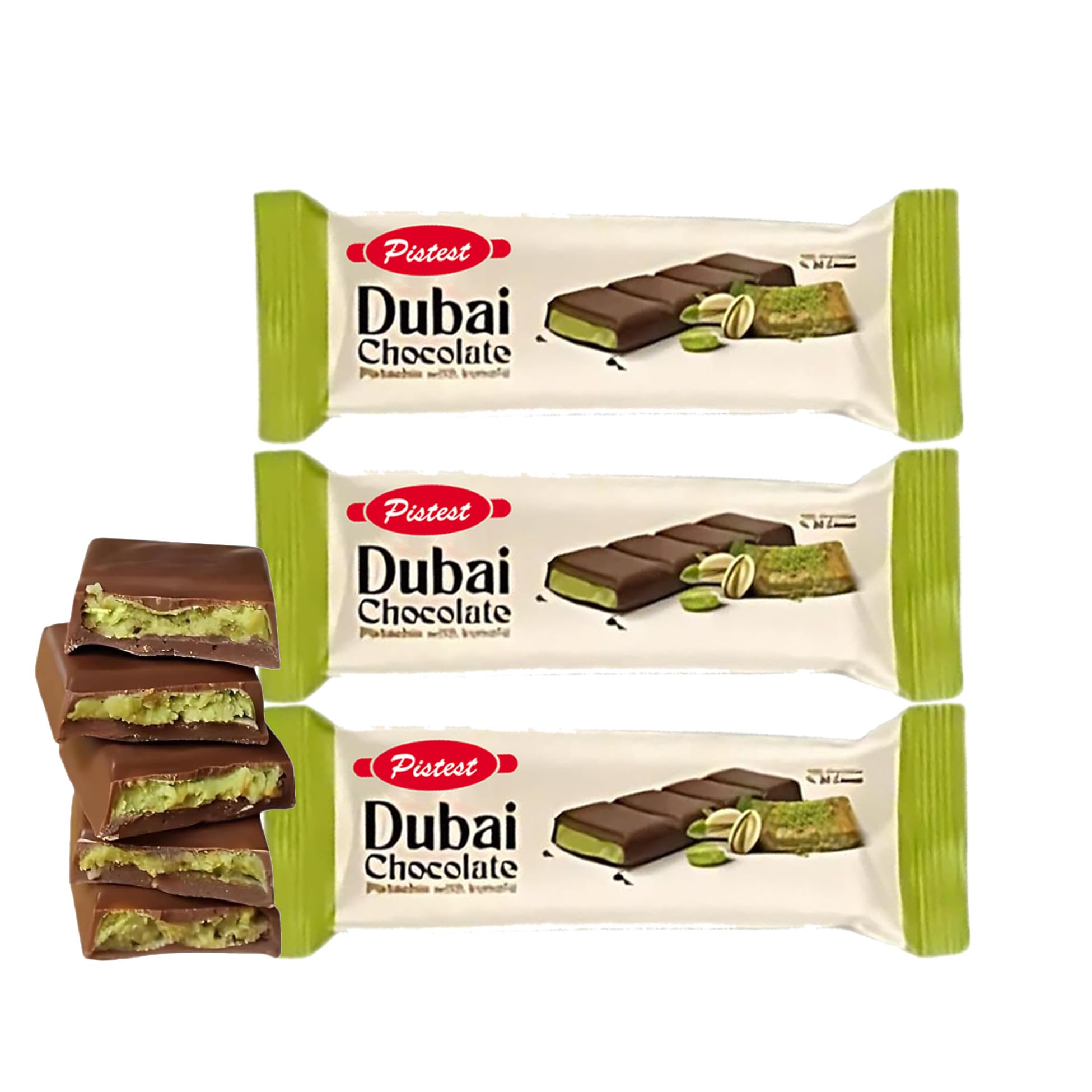 Dubai Kunafa Pistachio Chocolate Bars – Pack of 3 (27g Each) – Dubai Chocolate with Shredded Phyllo Dough – Freshly Made, 2.85 oz– Ideal Gift for Holidays, Birthdays, Corporate Events & Celebrations