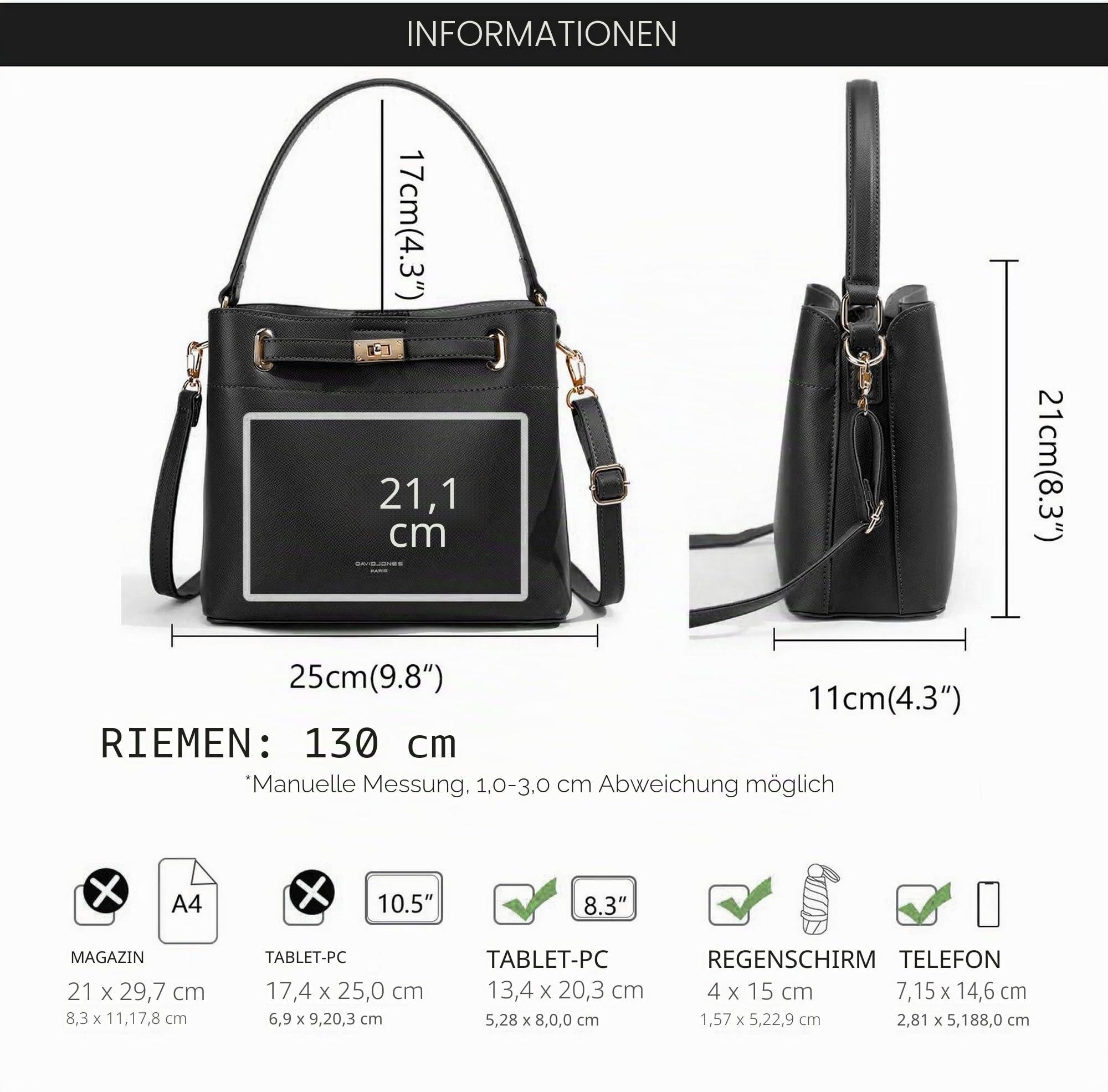 David Jones - Bucket Bag Damen, Beuteltasche Eimertasche PU Leder | Mittelgroße Umhängetasche, Schultertasche mit 3 Fächern, Elegante Tasche, Stilvolle Handtasche, Modische Henkeltasche Alltag