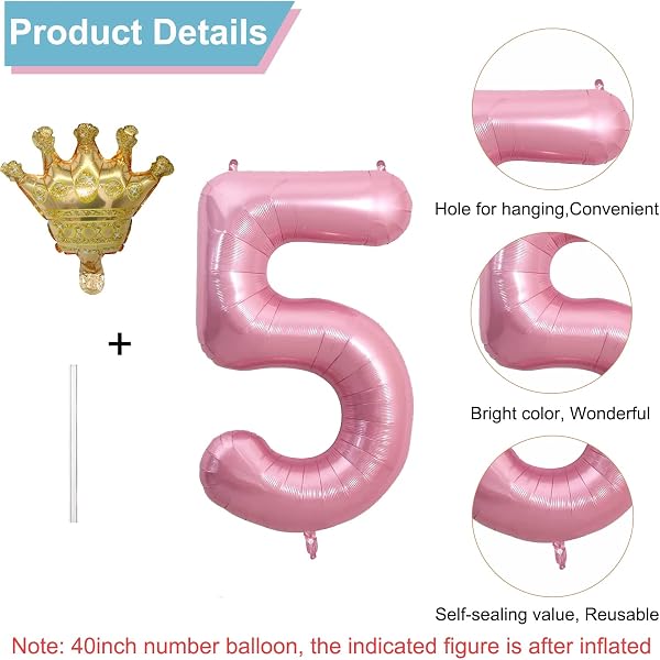 Ballon d'anniversaire, en aluminium, 101 cm, en forme du numéro 5, rose, avec ballon couronne, gonflé à l'hélium, décoration de mariage, de fête, pour fille - 2