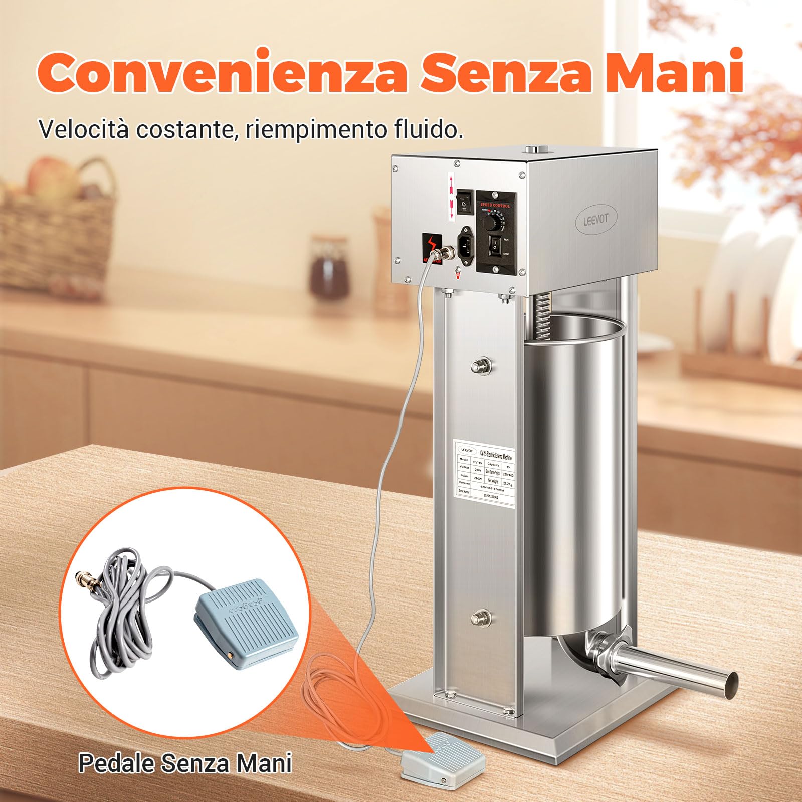 LEEVOT Insaccatrice Elettrica Macchina per Salsiccia Verticale Acciaio Inox (15 L, 240 W, Pedale, tubi di riempimento 16/22/32/38 mm)
