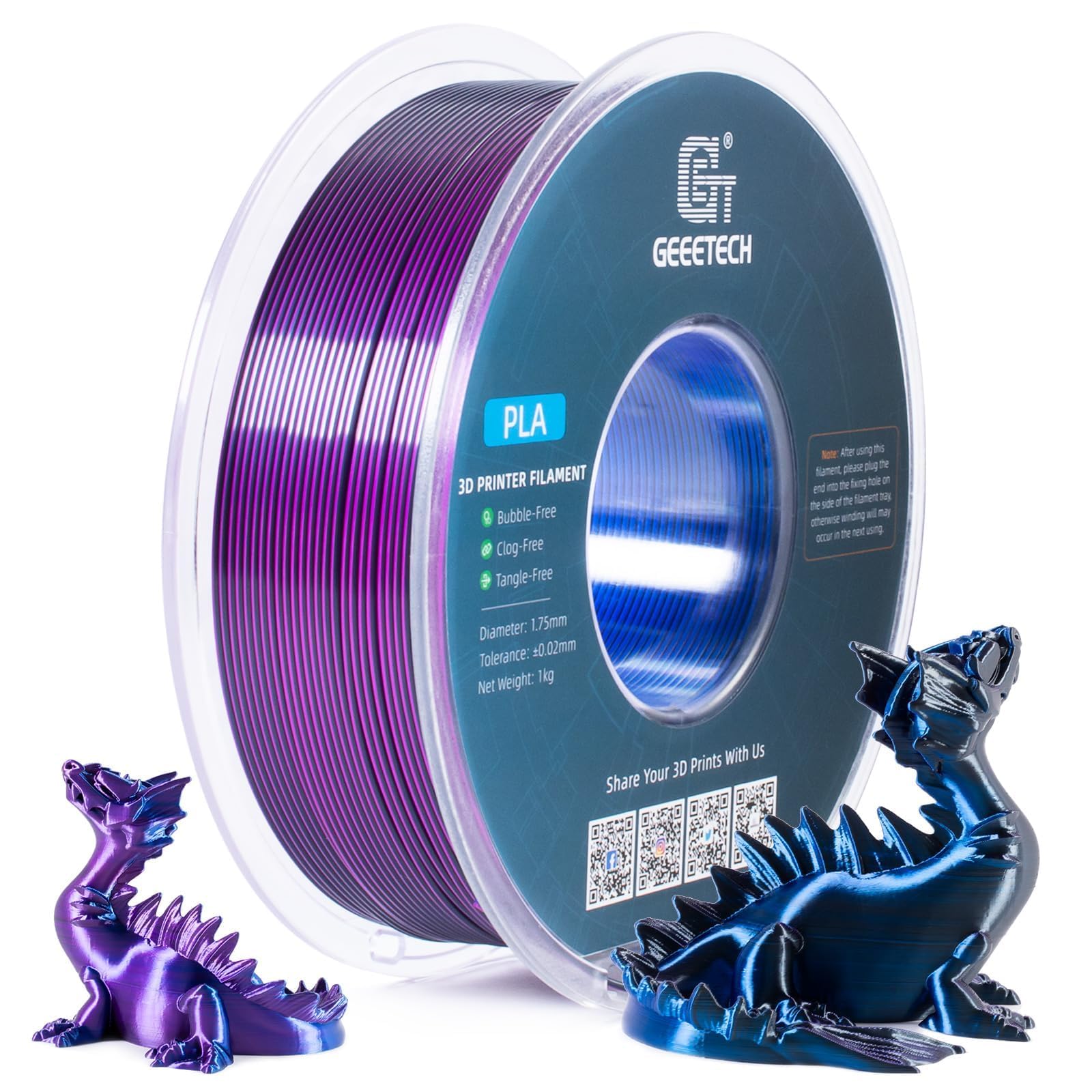 GEEETECH Tricolor Silk PLA filament 1,75 mm, filament do drukarki 3D, 1 kg, jedwabny, niebieski, fioletowy, czarny