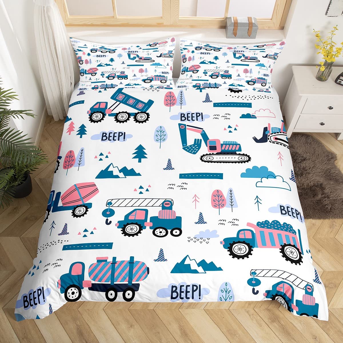 Kids Construction Truck Duvet Covet Set King Size Boys Cartoon Cars Toddler Bedding Set Machinery Excavator Tractor Equipment Comforter Cover Cute Vehicles Pink Blue Quilt Cover with 2 Pillowcases — image 1