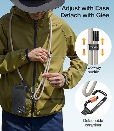 Miniatura 5 de TORRAS Cordón para teléfono con trabillas para colgar, correa ajustable antirrobo para iPhone 17 Pro Max, agradable al tacto, 2 pestañas, cordón