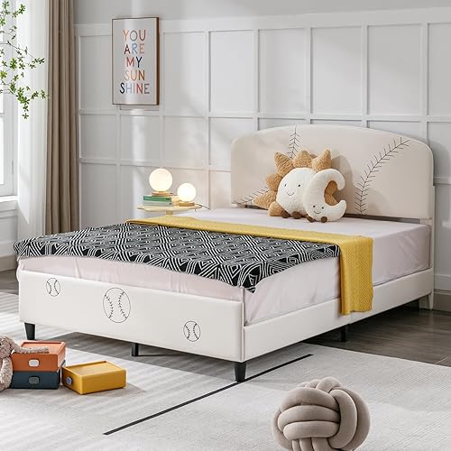 Miniatura 3 de Zafly - Marco de cama infantil de tamaño matrimonial, plataforma tapizada de piel sintética con cabecero, marco de cama para niños, marco de cama