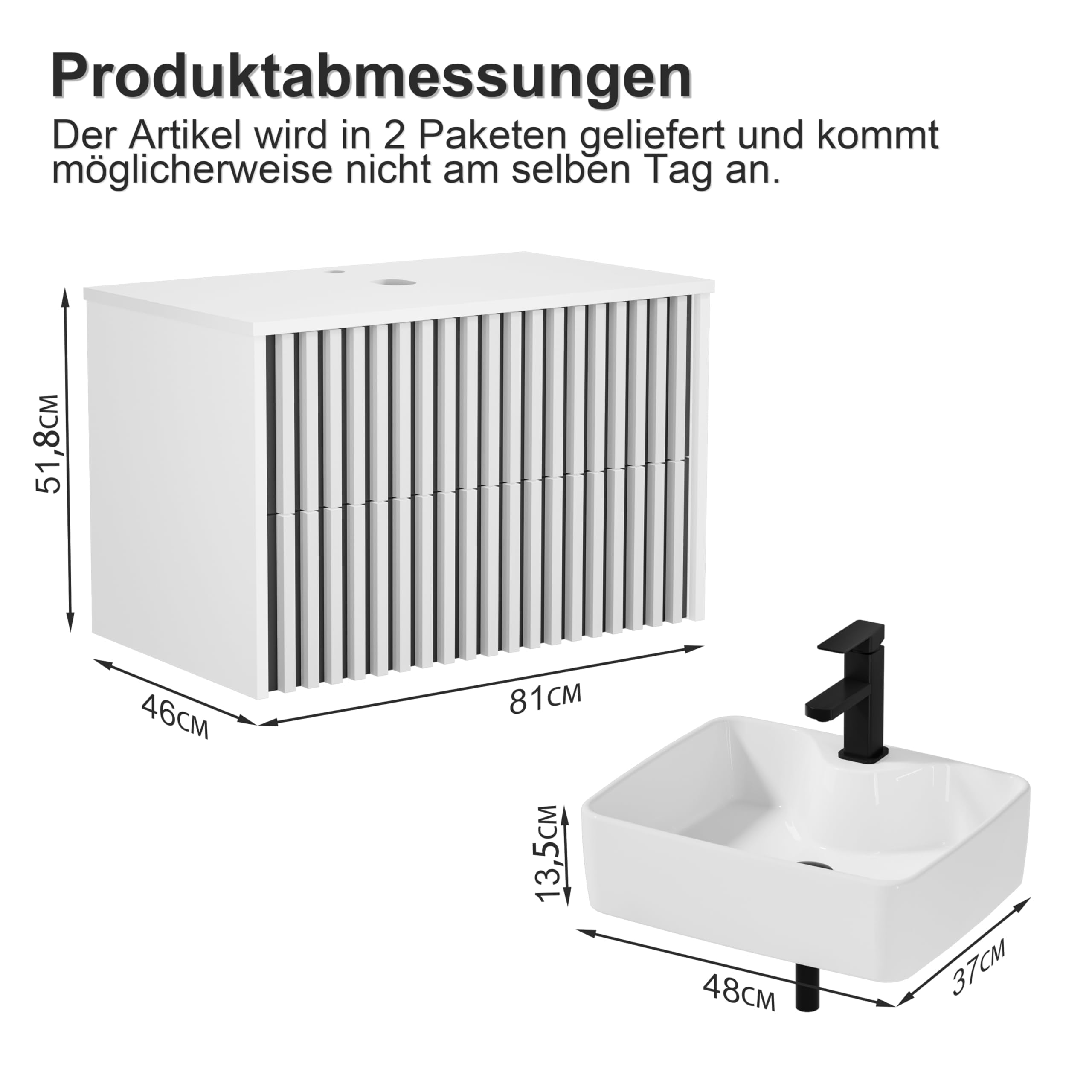 UEV Umywalka z szafką pod umywalkę, 81 cm, wisząca, szuflady z systemem miękkiego domykania, umywalka ścienna, meble łazienkowe, meble dla gości, zestaw mebli łazienkowych, biała