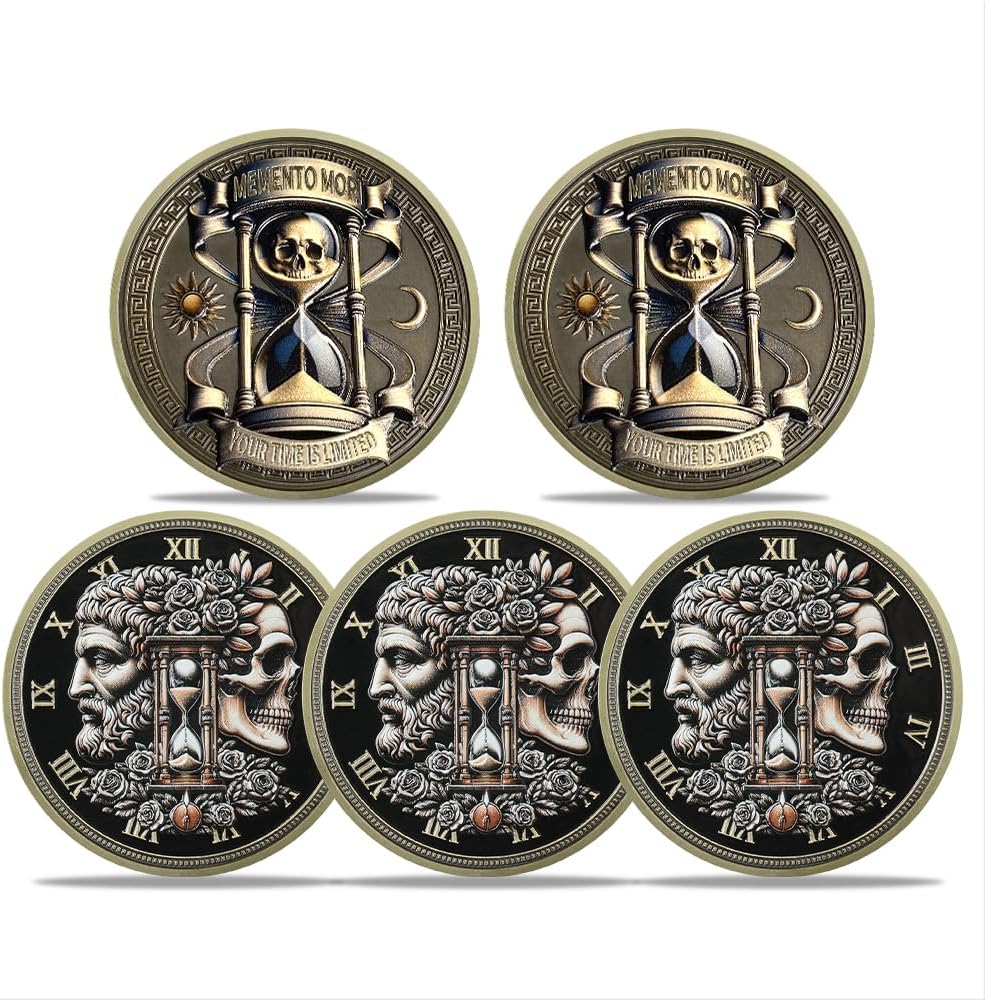 5 Pack of Memento Mori Coin Skull Challenge Coins Daily Stoic Reminder Token Inspirational Stoicism Gifts for Daily Stoic Practice