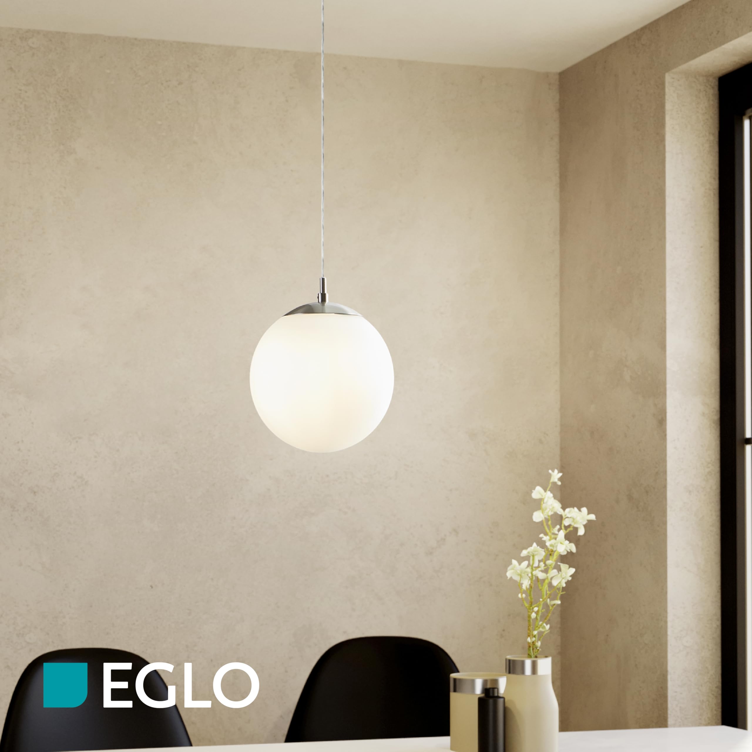 EGLO lampa wisząca Rondo, 1-punktowa oprawa zwisająca światło zwisająca z metalu w kolorze srebrnym i szklanym opalowym matowym białym oprawka E27 Ø 20 cm