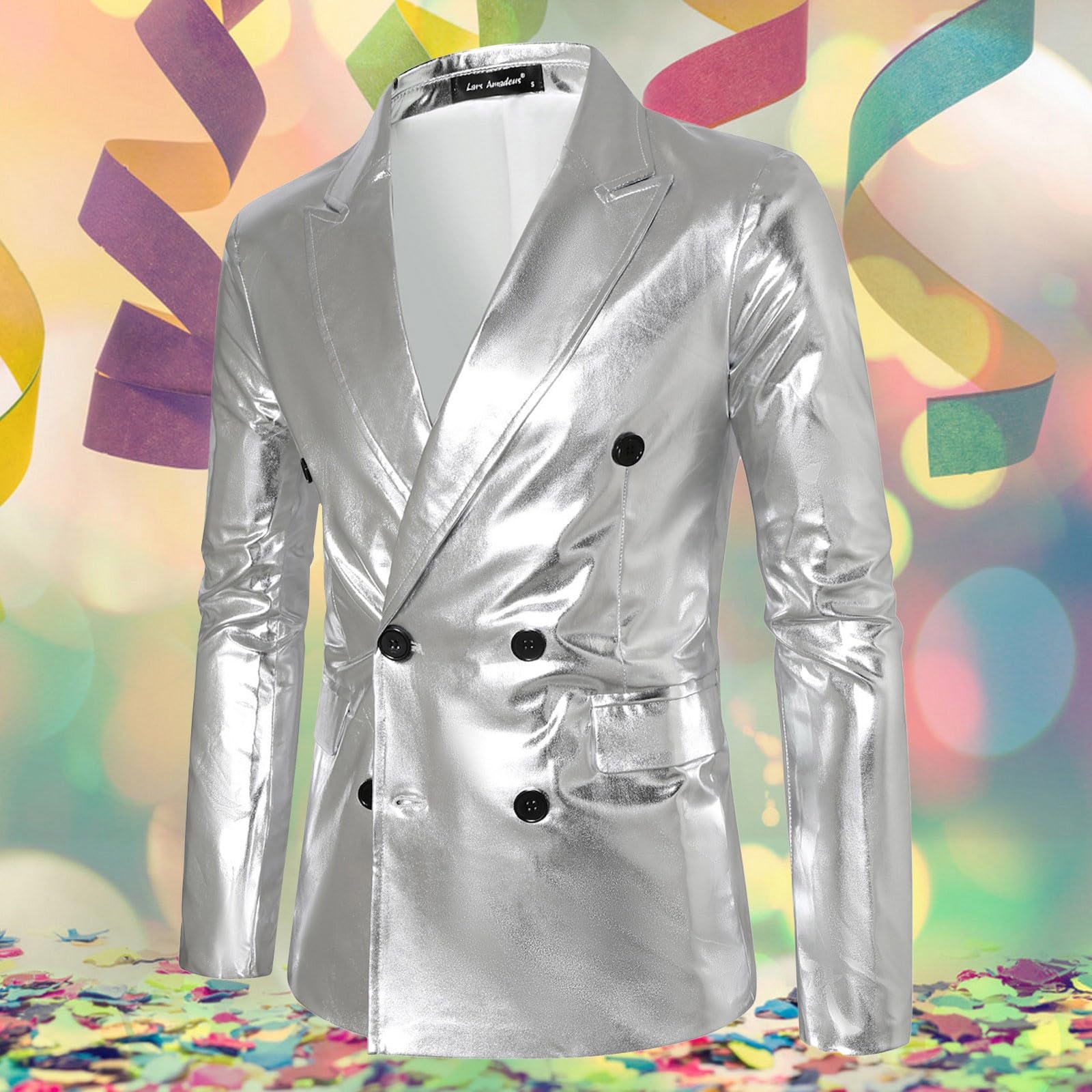 Abito con paillettes da uomo, doppiopetto, alla moda, con brillantini, in metallo, per discoteca, per ballo di fine anno, alla moda, casual, costume di carnevale