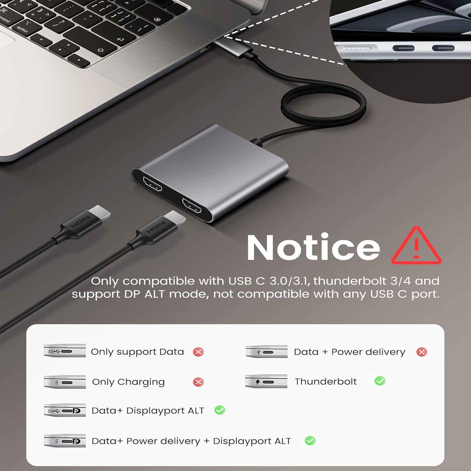 M-TECK Dual Multipoort adapter met DP HDMI 2 x USB 3.0 Ethernet Kaartlezer 2 x USB-C 3.5mm audio