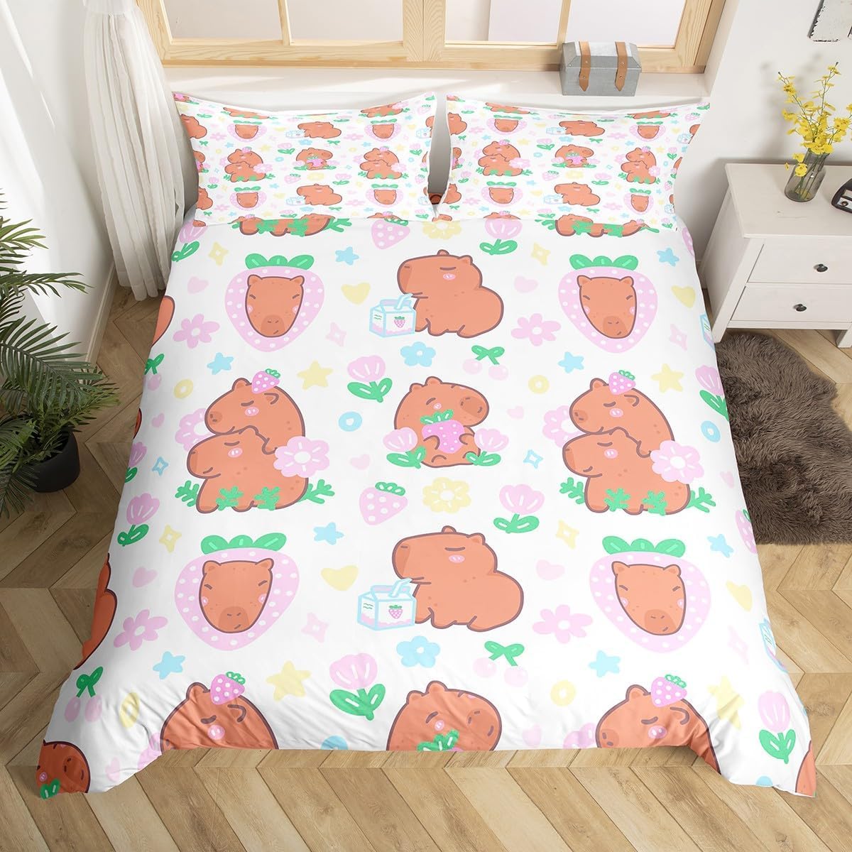 Capybaras Duvet Cover Single Size,Funny Capybara Comforter Cover for Kids Boys Girls Teens,Cute Mexican Cactus Print Bedding Set Westurn Cowboy Style Bedspread Cover Wild West Themed Home Decor โ image 1