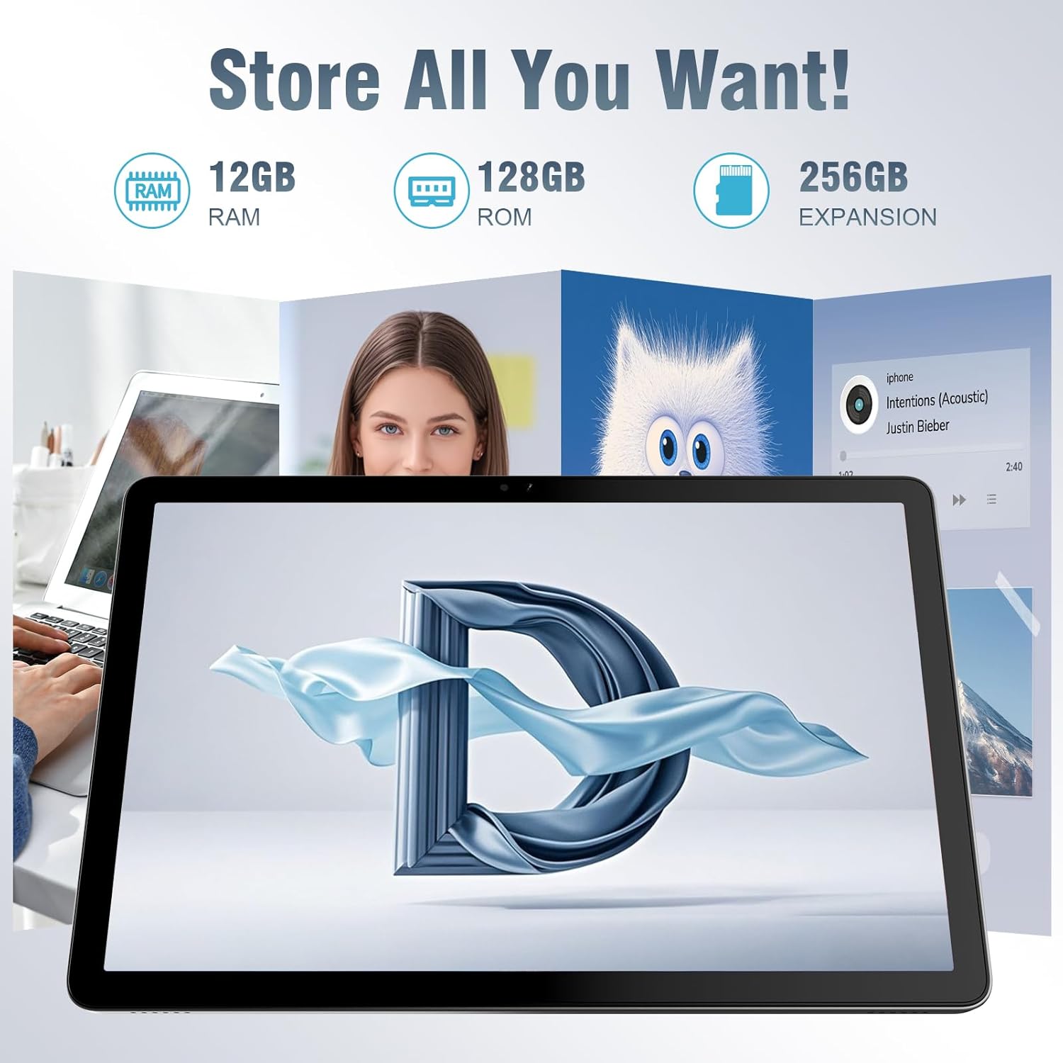 12GB RAM, 128GB ROM, మరియు TF కార్డ్ ద్వారా 256GB విస్తరణతో టాబ్లెట్ నిల్వ సామర్థ్యాలను వివరించే చిత్రం, వివిధ మీడియాలను చూపిస్తుంది. fileలు మరియు అప్లికేషన్లు.