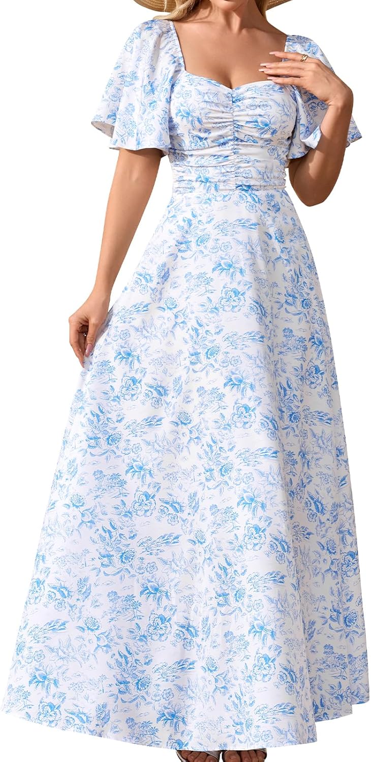 GLNEGE Women’s Summer Floral Maxi Dress Casual Short Sleeve V Neck A-Line Flowy Dresses Beach Wedding Guest Dress