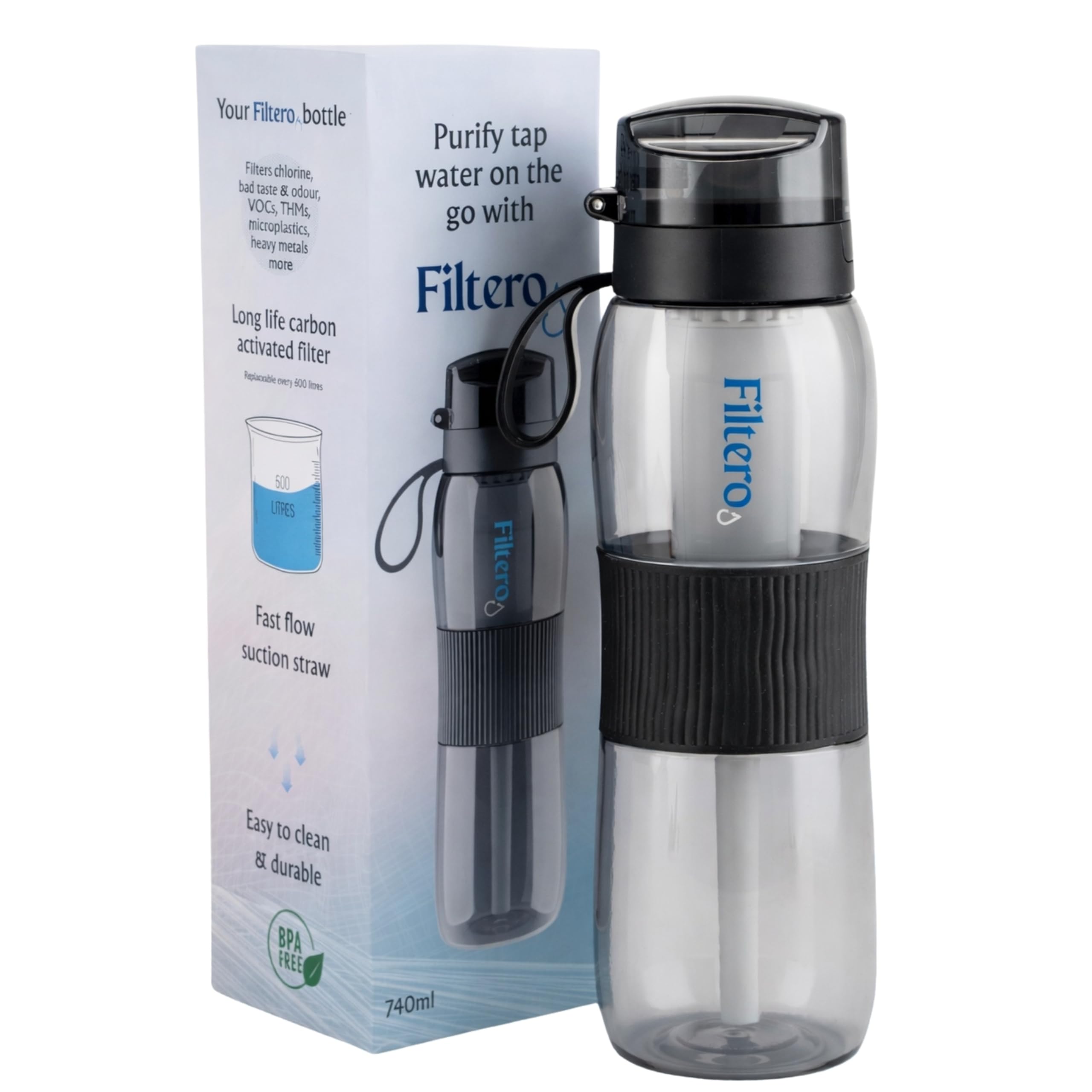 Filtered Water Bottle 740ml with Carbon Filter – Reusable Water Filter Bottle for Tap Water, Reduces Chlorine, Odour & Microplastics – Leakproof Sports Bottle for Gym, Travel & Outdoor Use – Filtero