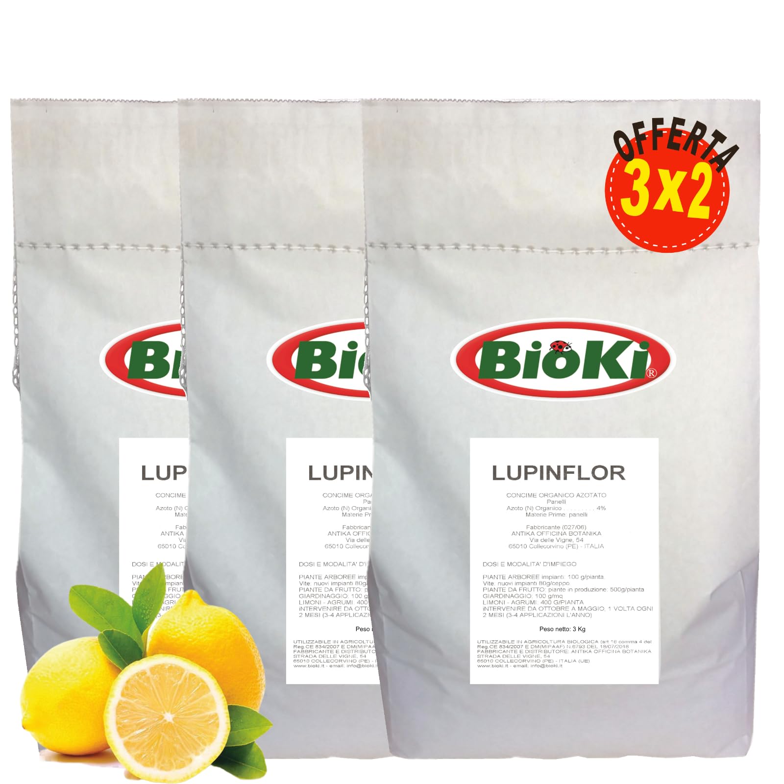 BIOKI Lupinflor Concime Organico per Limoni e Agrumi, busta 3 kg, Azione Rapida, Acidificante Terreno e resistenza alla malattie (9 kg)