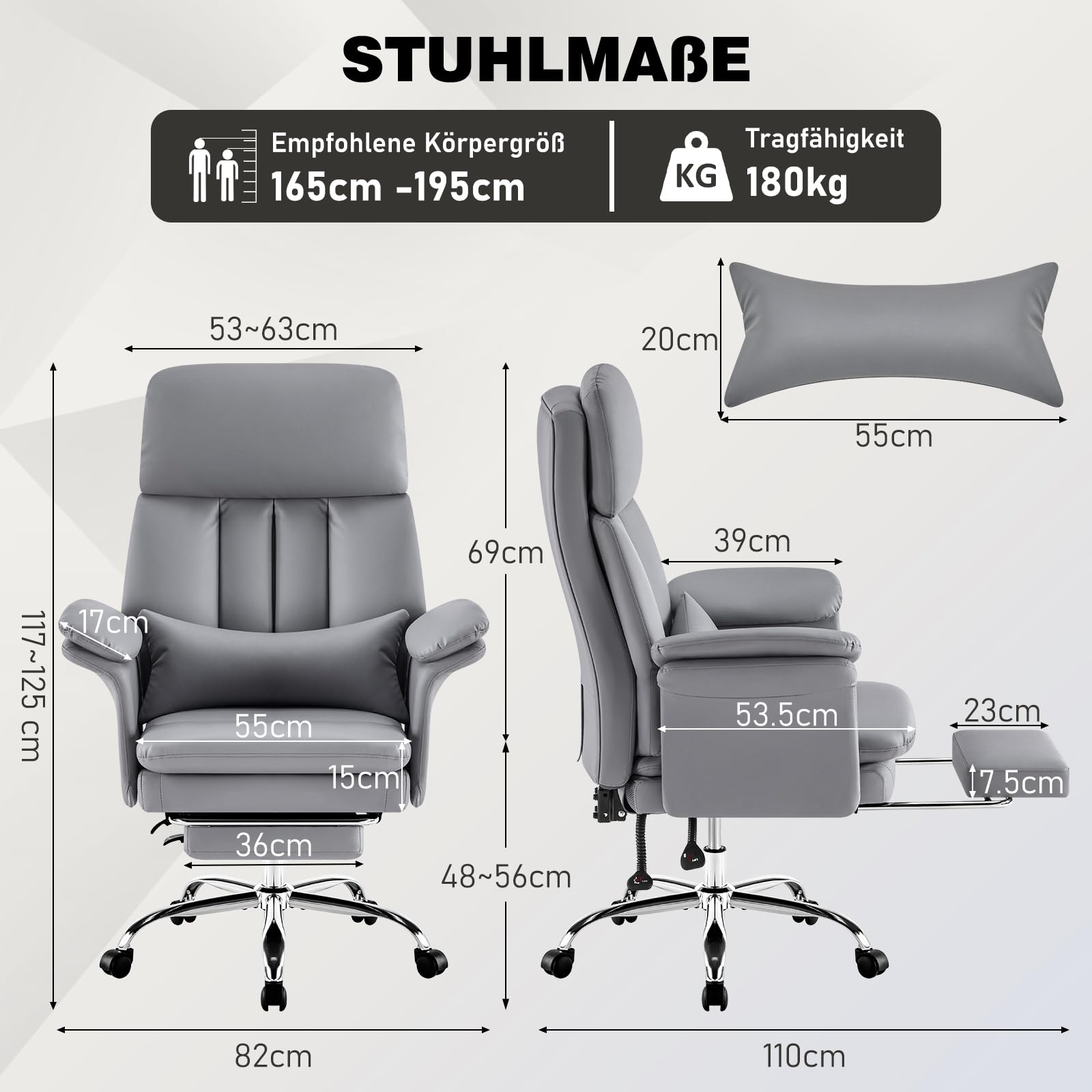 Hellove Bürostuhl mit Fußstütze & Lordosenstütze – Ergonomischer Chefsessel 135° Neigung, Feste Armlehnen, PU-Leder, Höhenverstellbar bis 200 kg für Homeoffice, Grau