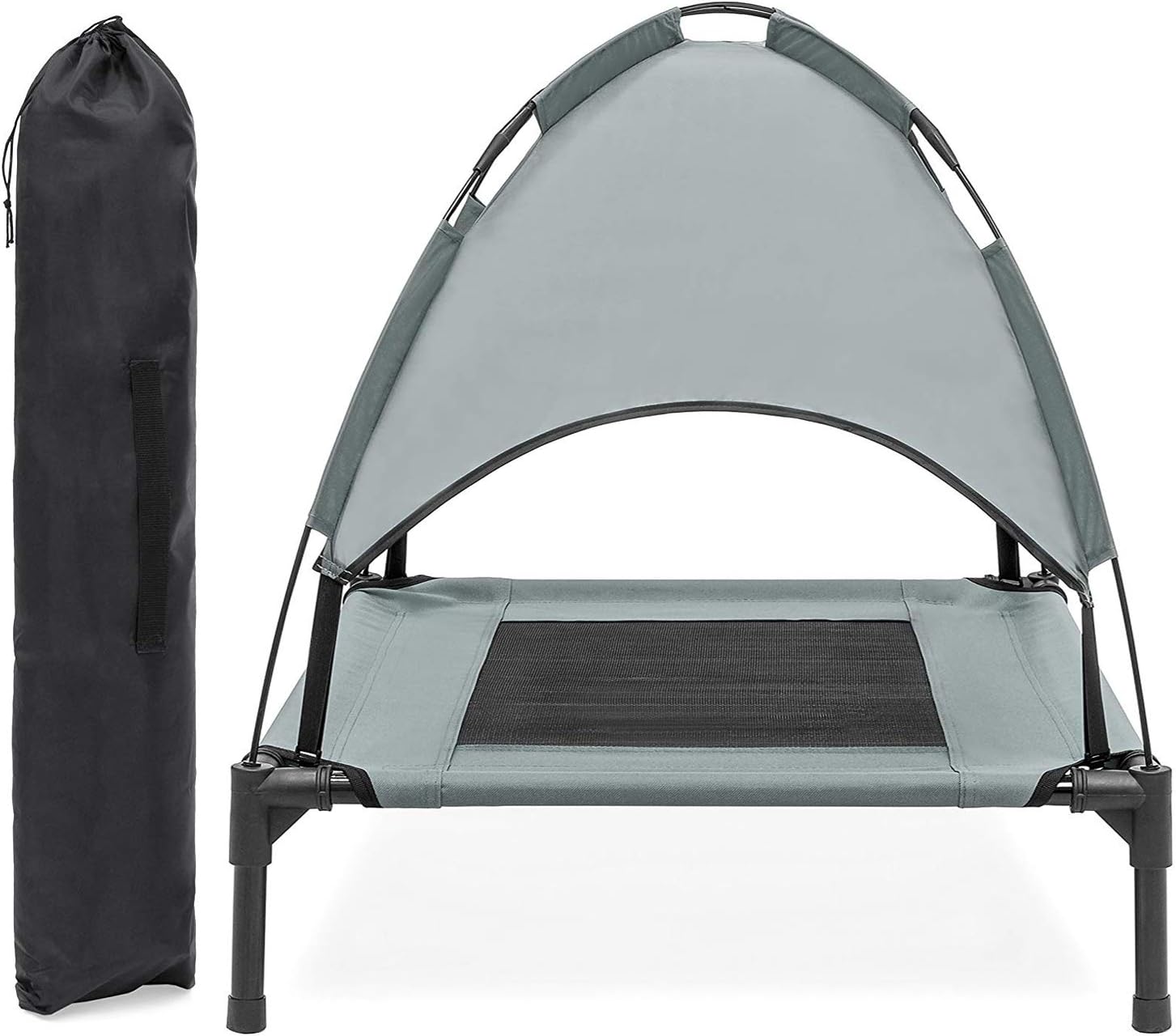 Reliancer Large 30" Elevated Dog Cot with Canopy Shade 1680D Oxford Fabric Outdoor Pet Cat Cooling Bed Tent w/Convenient Carrying Bag Indoor Sturdy Steel Frame Portable for Camping Beach (30, Grey)