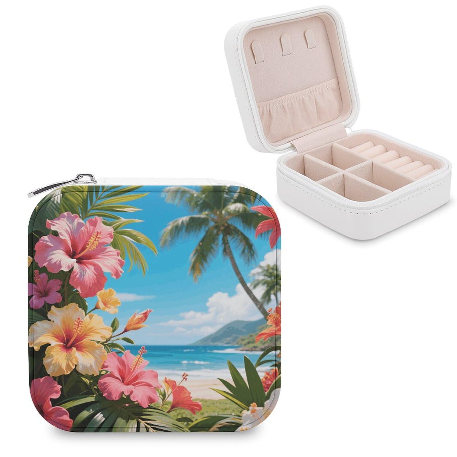 VstaDank Hawaii Floral Tropic Jewelry Organizer Travel Case for Women With Zipper Mini Jewelry Case PU Leather Jewelrys Box for Rings Necklaces Bracelets Earring Holder Organizer Storage