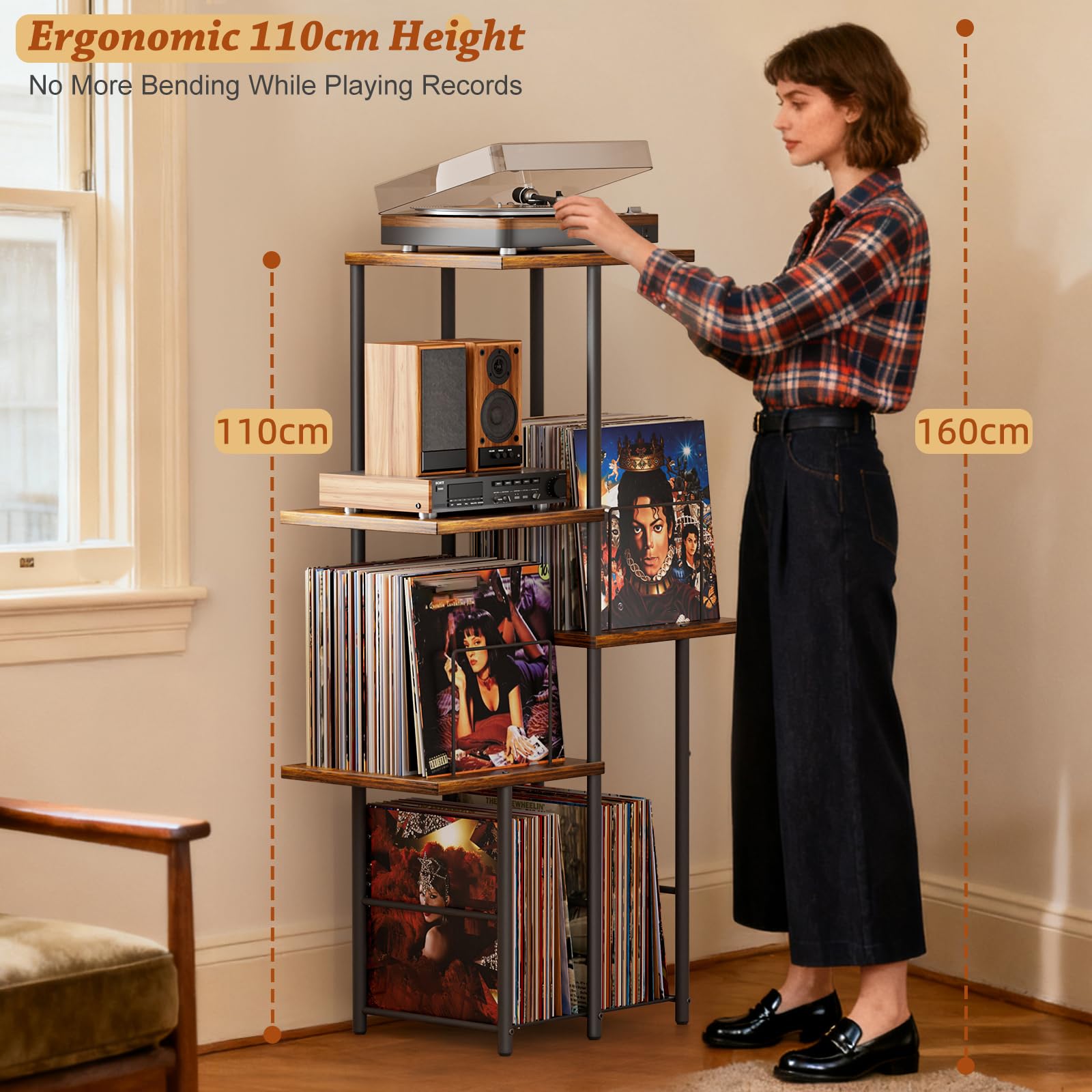 Bikoney Mid-Century Plattenspieler-Ständer mit Schallplatten-Regal | Vintage Plattenspielertisch mit LP-Trennfächern, Ablagefach, Vinyl Schallplatten-Aufbewahrung, Hoher Beistelltisch