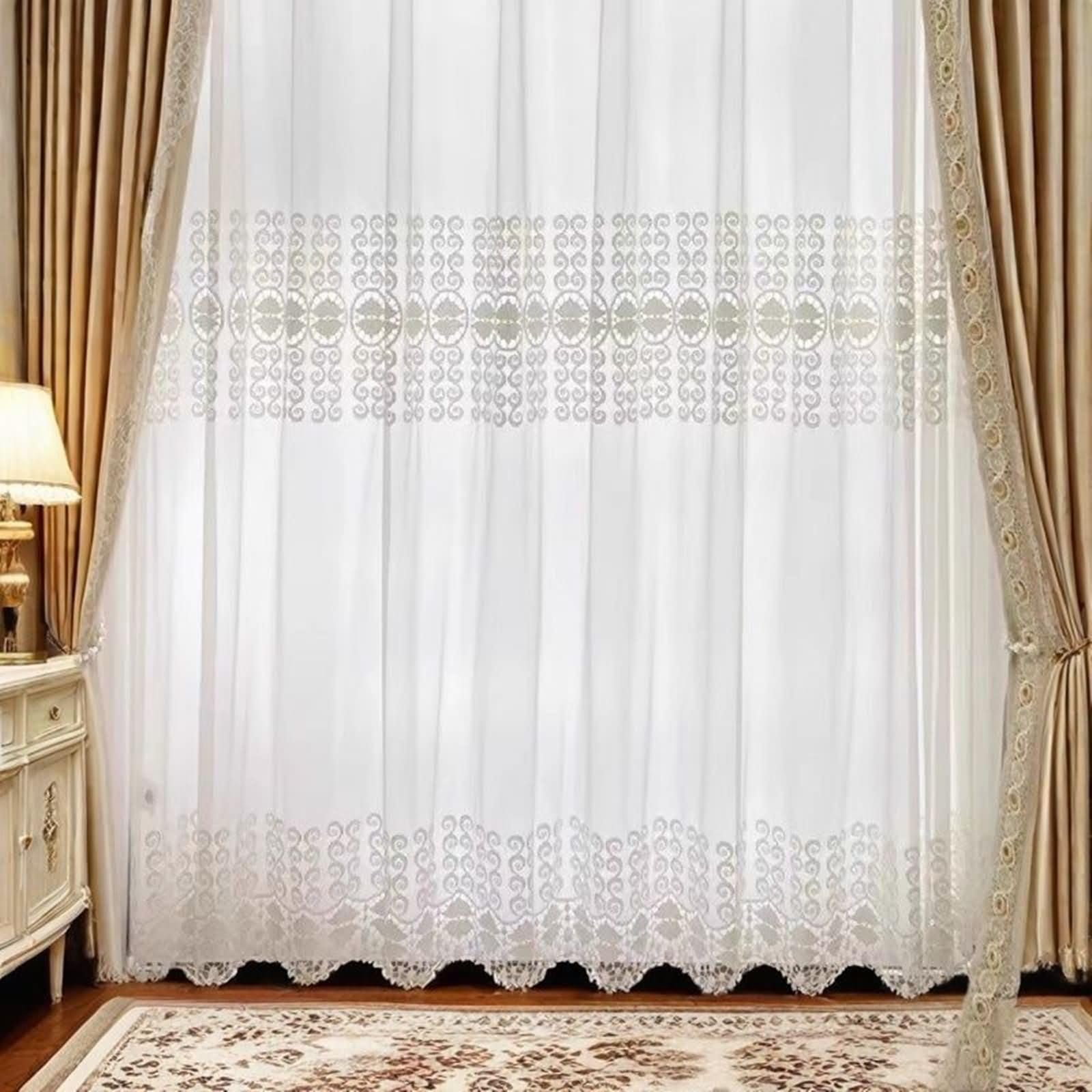 KnSam Rideau Voilage Blanc, 2 Pièces, Rideaux Chambre Salon Broderie, Dentelle à Crochets, 102x183cm x 1pcs
