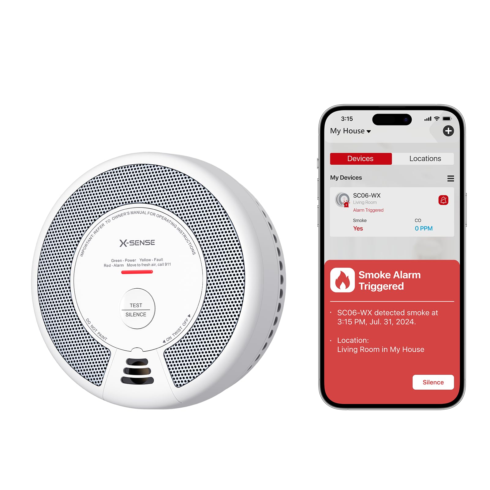 X-Sense Smart Smoke Detector Carbon Monoxide Detector Combo with No Fee App Notification, Replaceable Battery Powered Smoke Detector and Carbon Monoxide Detector, SC06-WX, 1-Pack