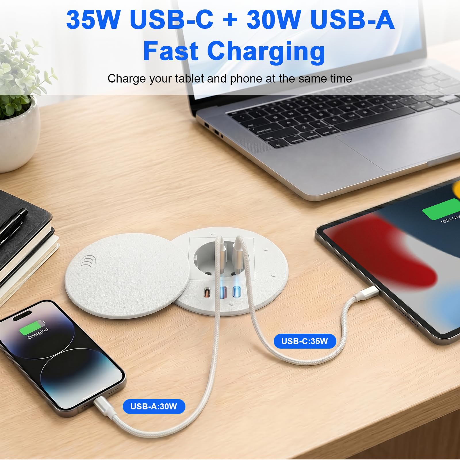 2-pak, gniazdko do zabudowy z USB-C PD 35 W, Ø 80 mm, białe | USB-A QC 30W, 1 Schuko + 3 USB, osłona przeciwpyłowa, kabel 1,8 m, do biurka i kuchni