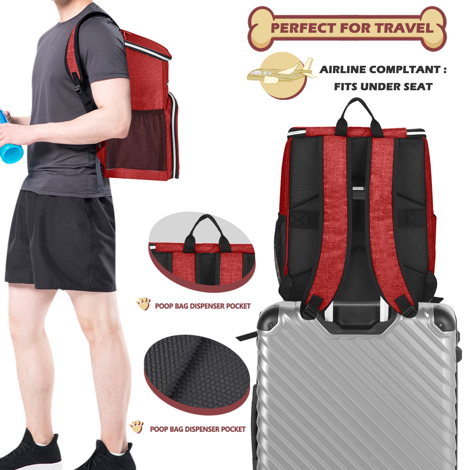 BAGLHER Sac à dos de voyage pour chien, approuvé par les compagnies aériennes, sac à dos de voyage pour chien avec 2 gamelles pliables en silicone et 2 paniers alimentaires (rouge)
