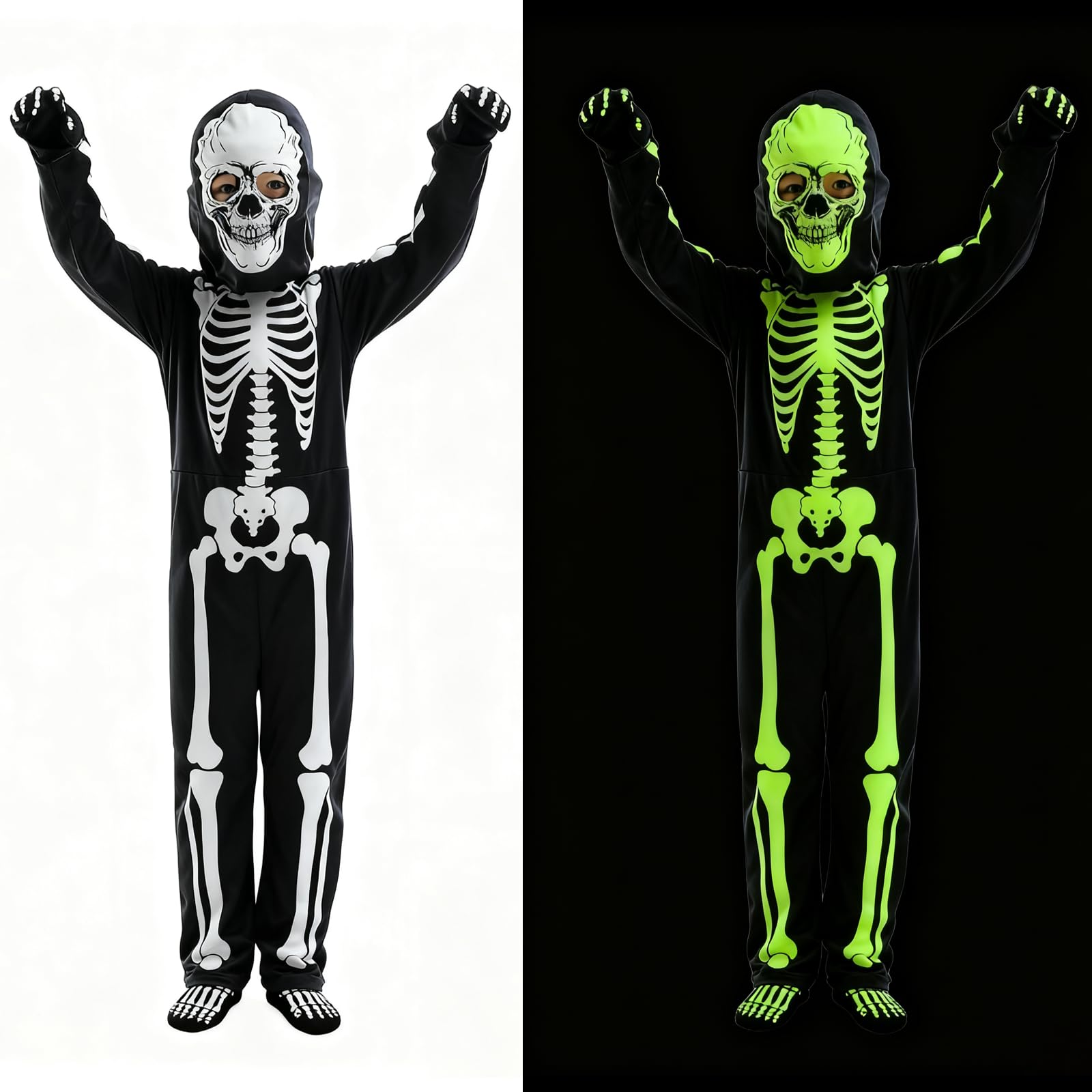 Kids Glow Skeleton Costume: Boys Girls Glowing Skeletons Clothing 4 Set for Holloween Cosplay Party