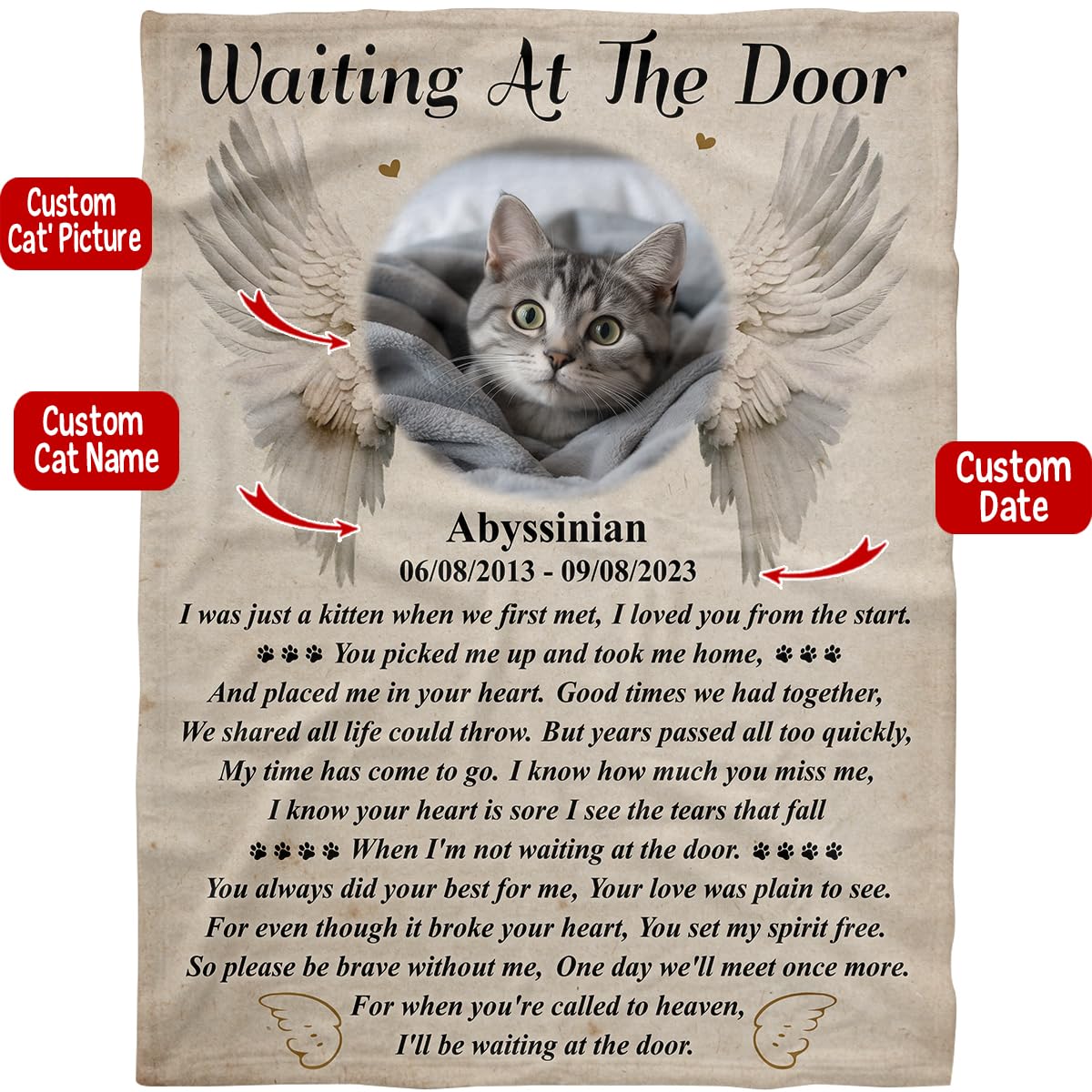 L100317 Waiting at The Door Blankets, Cat Memorial Blanket Custom Photo Name Date Loss of One Sympathy Blanket Gift, Personalized Memorial for Cat Lover Mom Dad, Memorial Sherpa Fleece Blanket