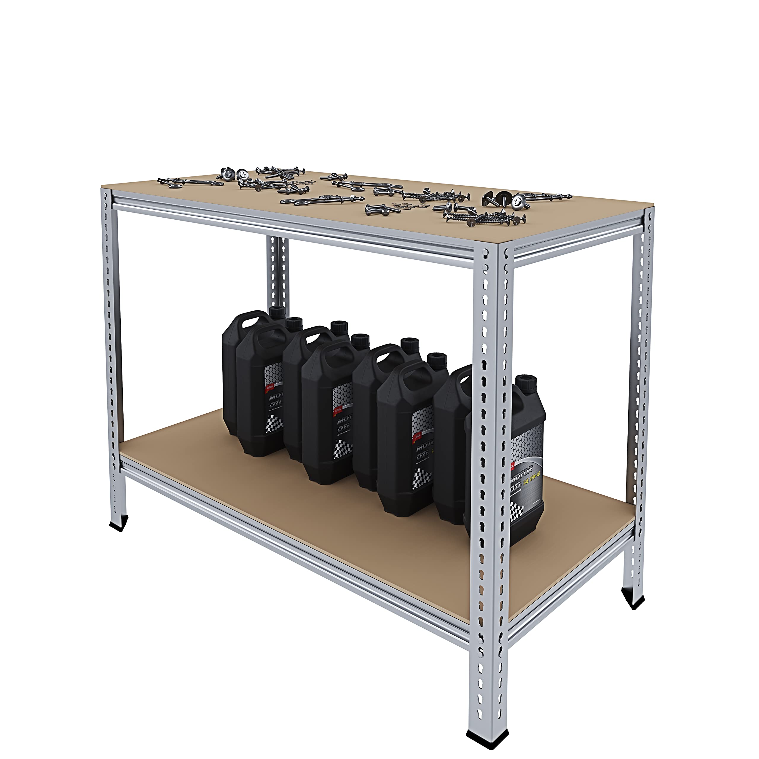 Banco Tavolo Da Lavoro Senza Bulloni In Acciaio Metallo e MDF Portata Fino a 1200 Kg Con 2 Ripiani Regolabili Ideale Per Garage Officina Cantina Capannone Magazzino Design Modulare 96 x 120 x 60 cm