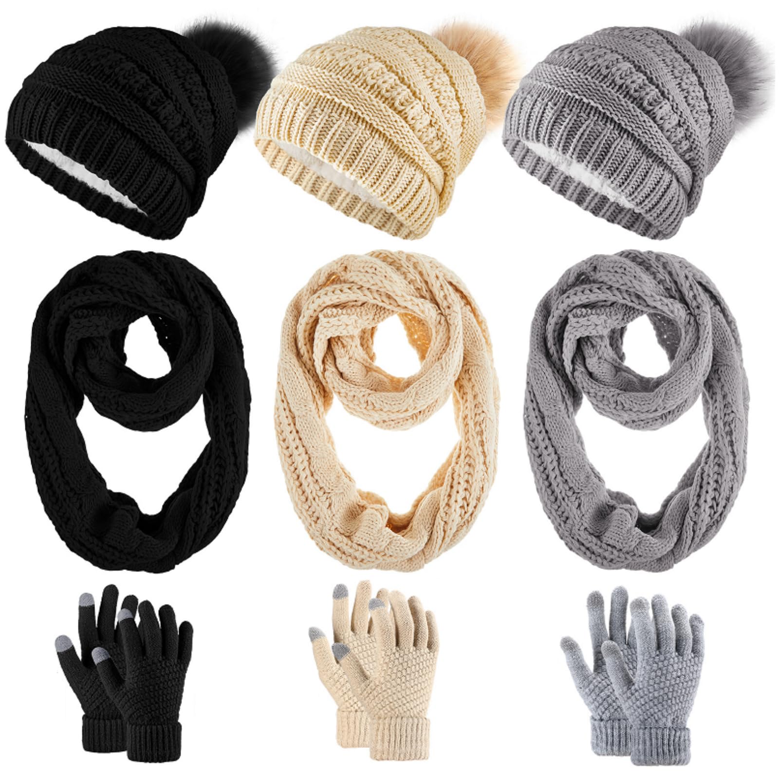 Liitrsh 12 Pcs Winter Beanie Hat Scarf Gloves Set Knitted Beanie Hat Circle Scarves Gloves Earmuff for Women Men (Plush,Gray, Black, Beige)