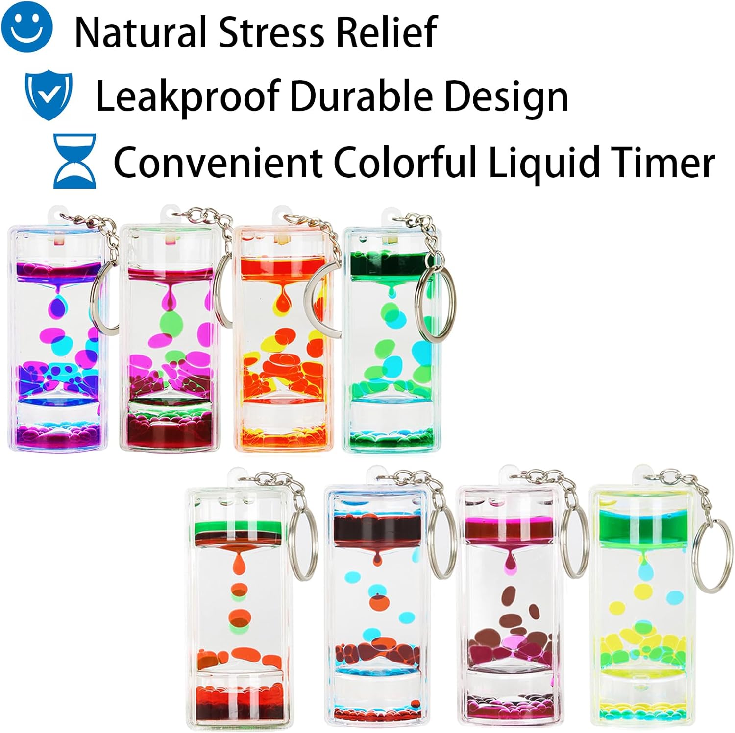 FKYTION Liquid Motion Bubbler Key Chain Pack of 8 Great Desktop Colorful Hourglass Liquid Bubbler Small Calming Relaxing Toys (Rainbow Series, Pack of 8)