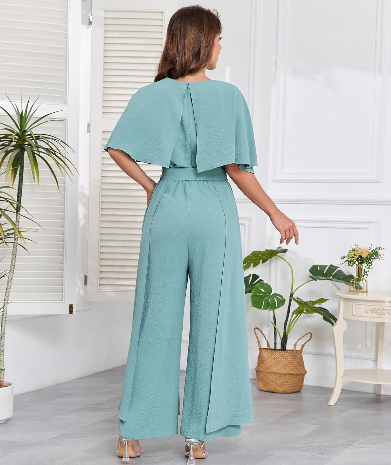 Jumpsuits for Women Dressy Casual One-Piece Outfits Elegant Formal Cape Belted Wide Leg Rompers Evening Pantsuits - Image 4