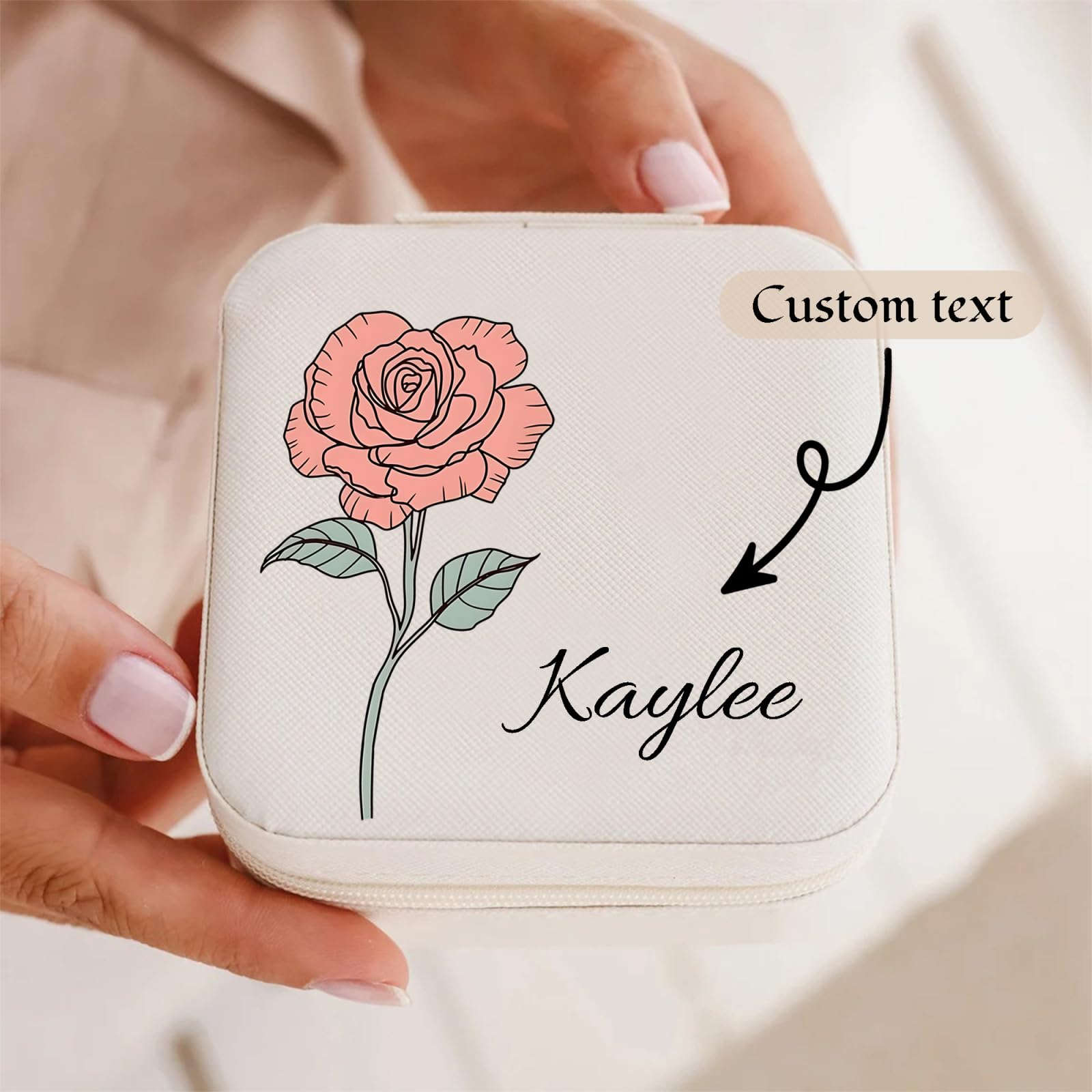 Wsedeluo Personalized Travel Jewelry Box with Name/Birth Flower Month, Custom Leather Jewelry Organizer Box for women, Birthday Gifts for Girls Girfriend Mom, Wedding Bridesmaid Proposal Case (White)
